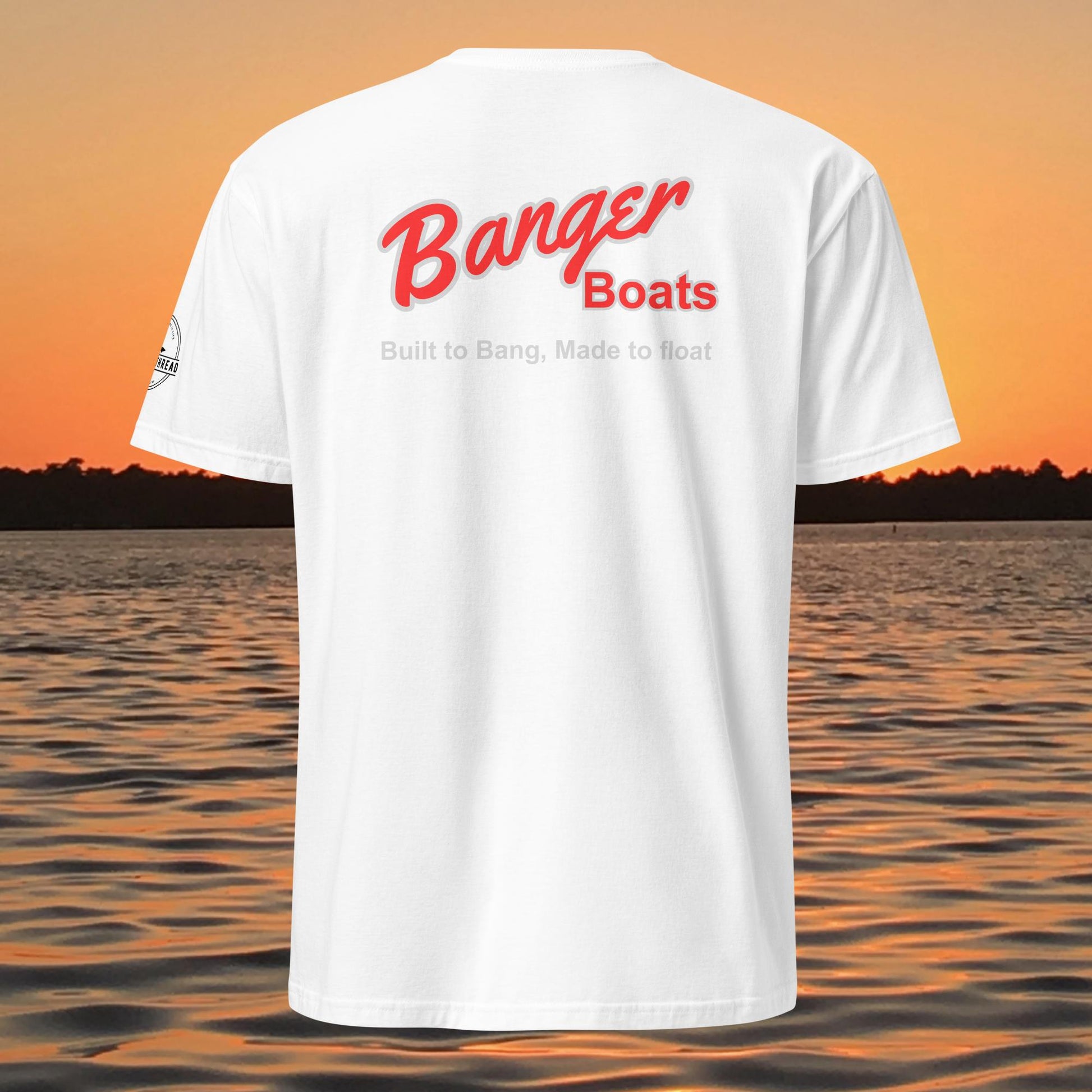 funny muskie fishing shirt built to bang made to float design white