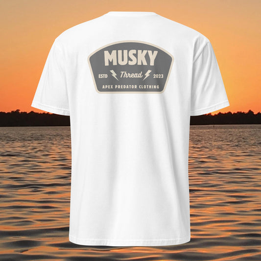 t shirt with musky thread apex predator badge style design on back
