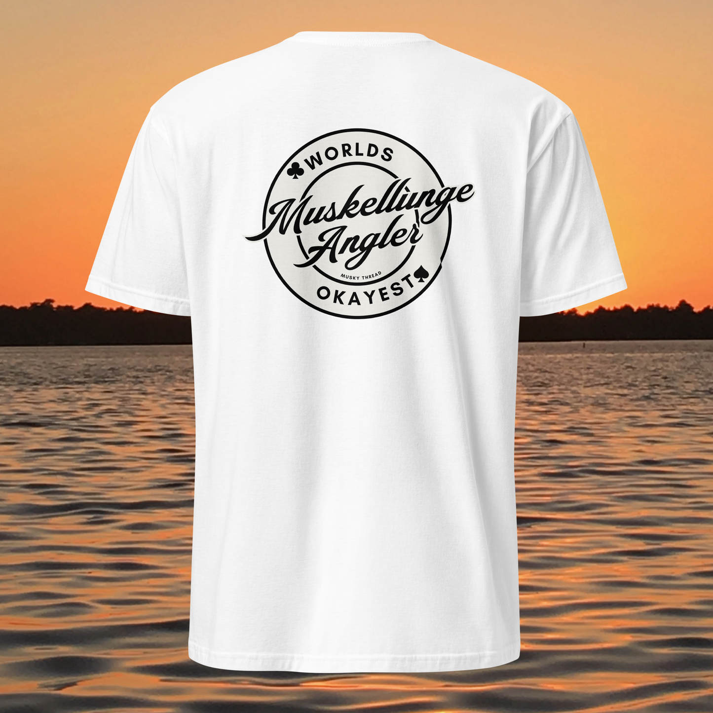 t-shirt with 'Worlds Okayest Muskellunge Angler' logo on back, musky fishing shirt by Musky Thread