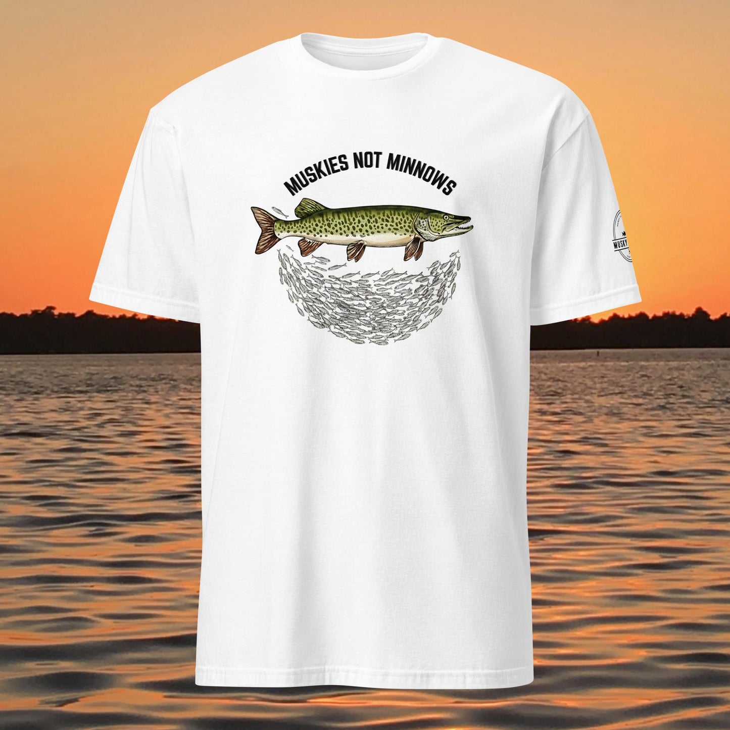 musky fishing t shirt with muskie above baitfish school design

