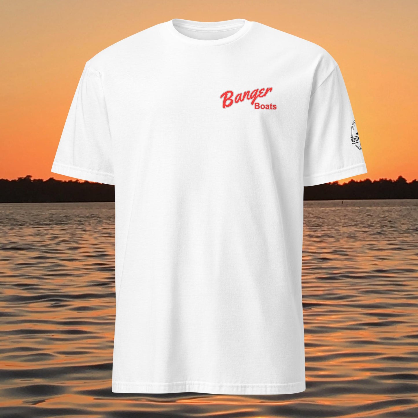 funny muskie fishing shirt built to bang made to float design white