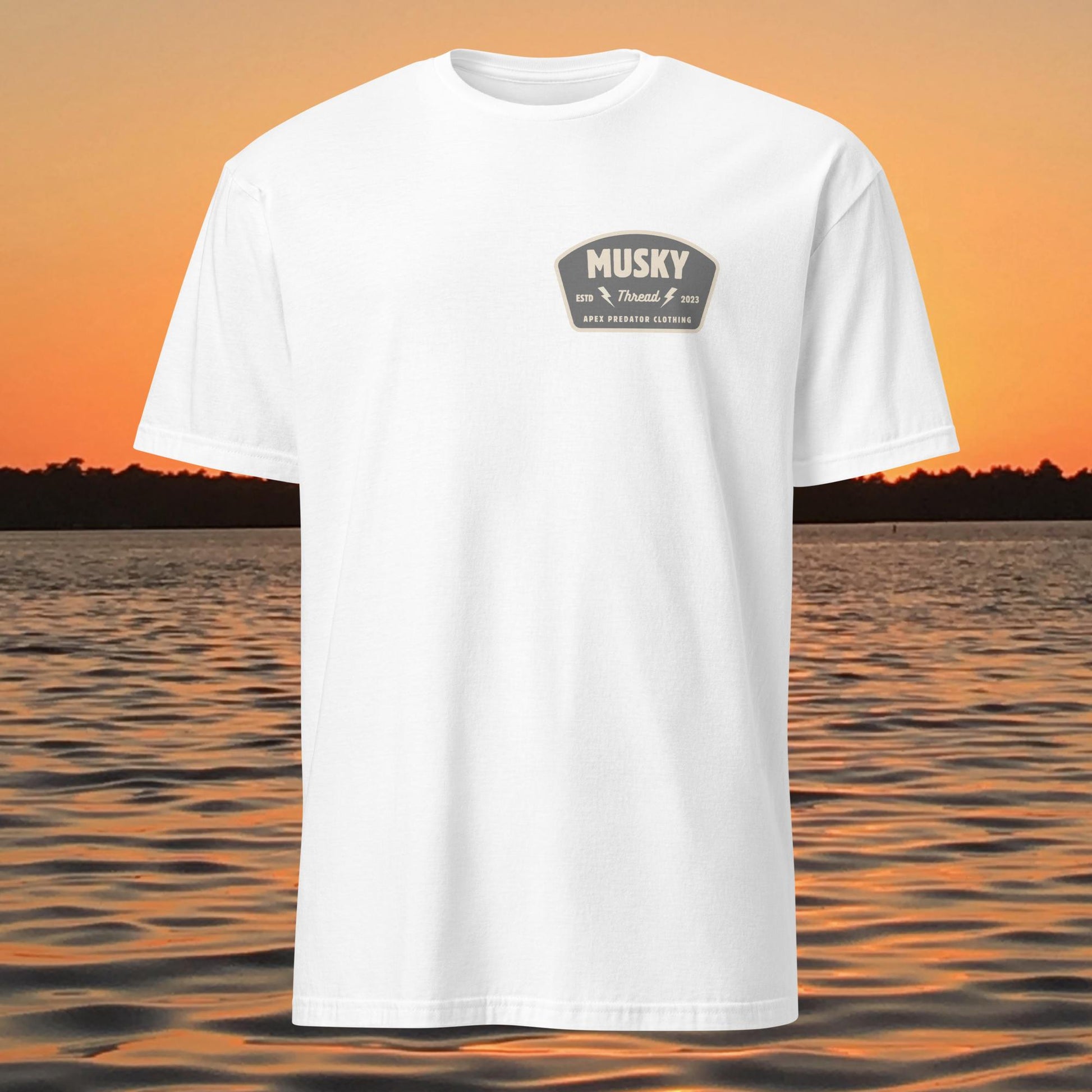 t shirt with musky thread apex predator badge style design on back

