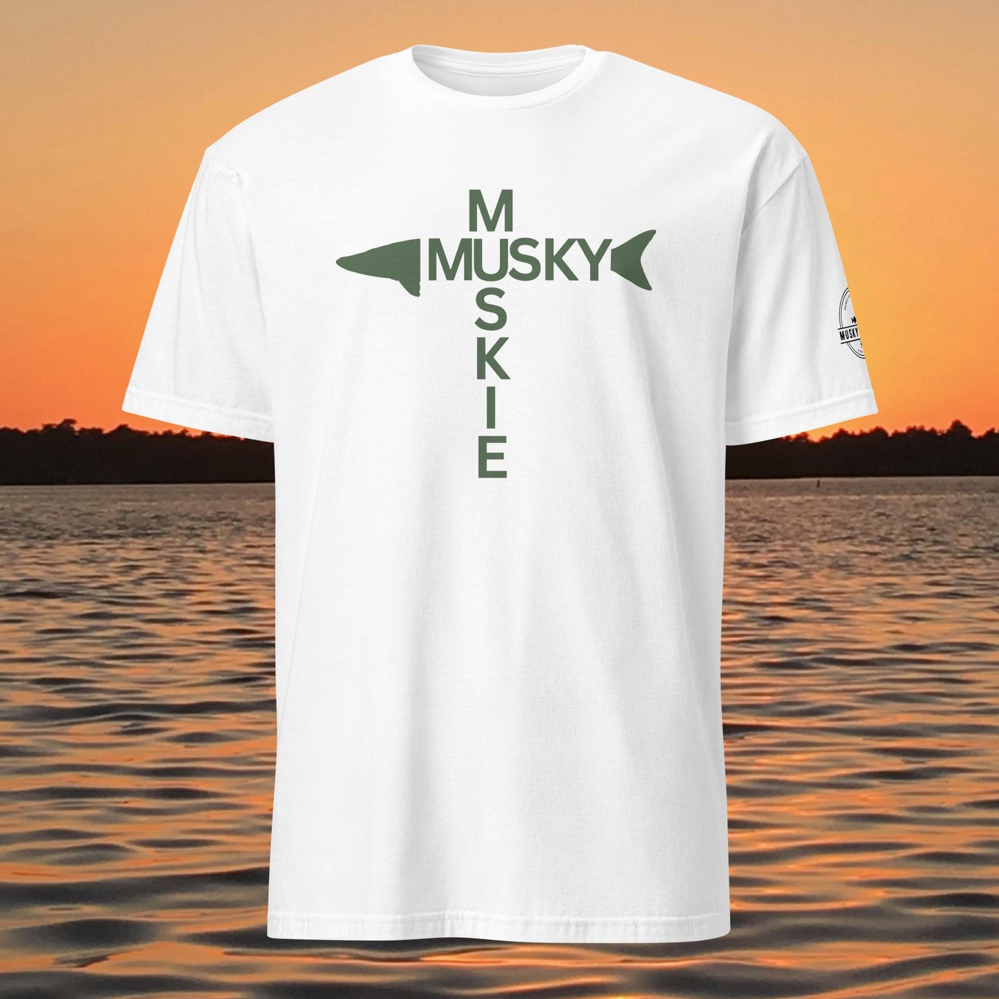 t shirt with musky cross text design forming a cross with musky silhouette
