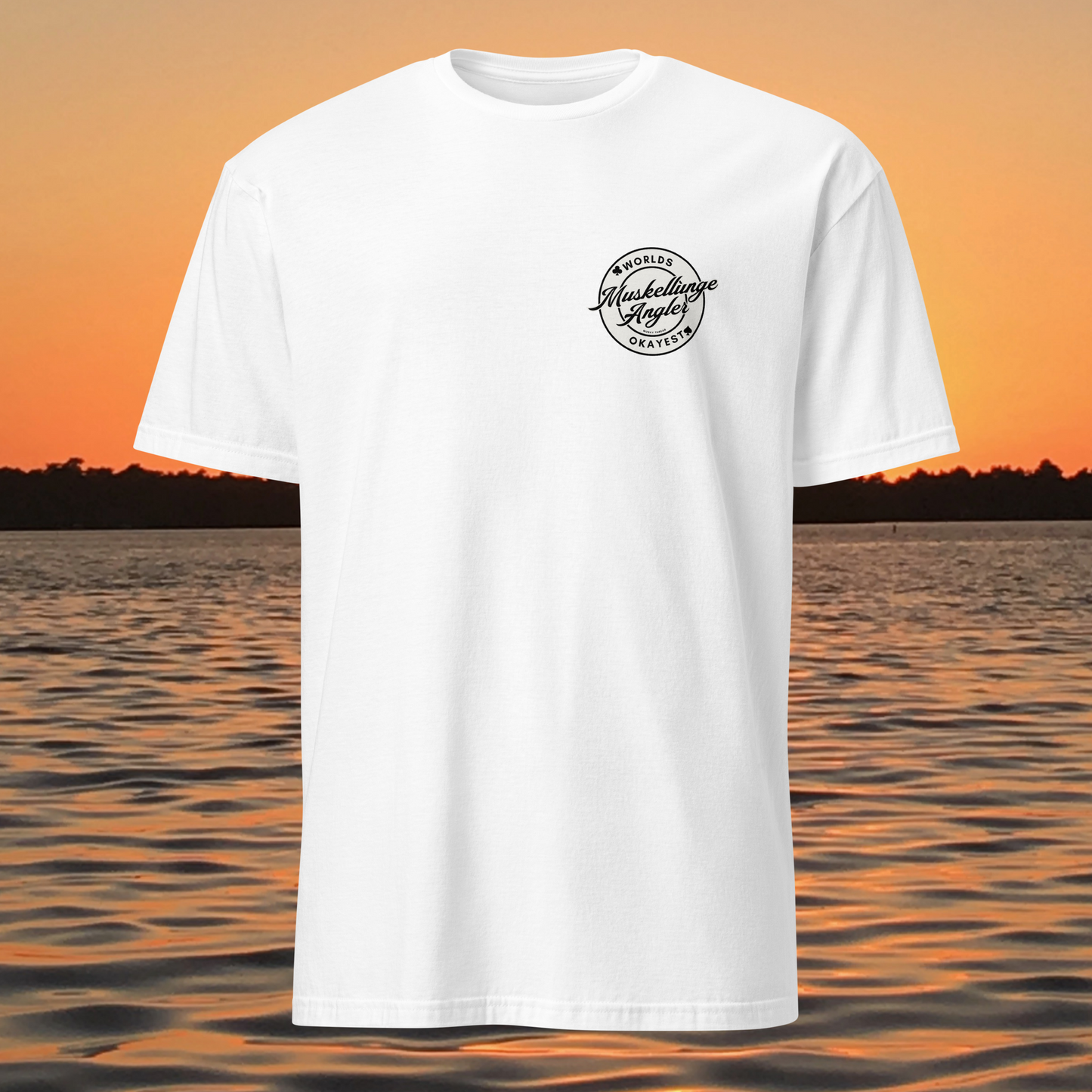 t-shirt with 'Worlds Okayest Muskellunge Angler' logo on back, musky fishing shirt by Musky Thread
