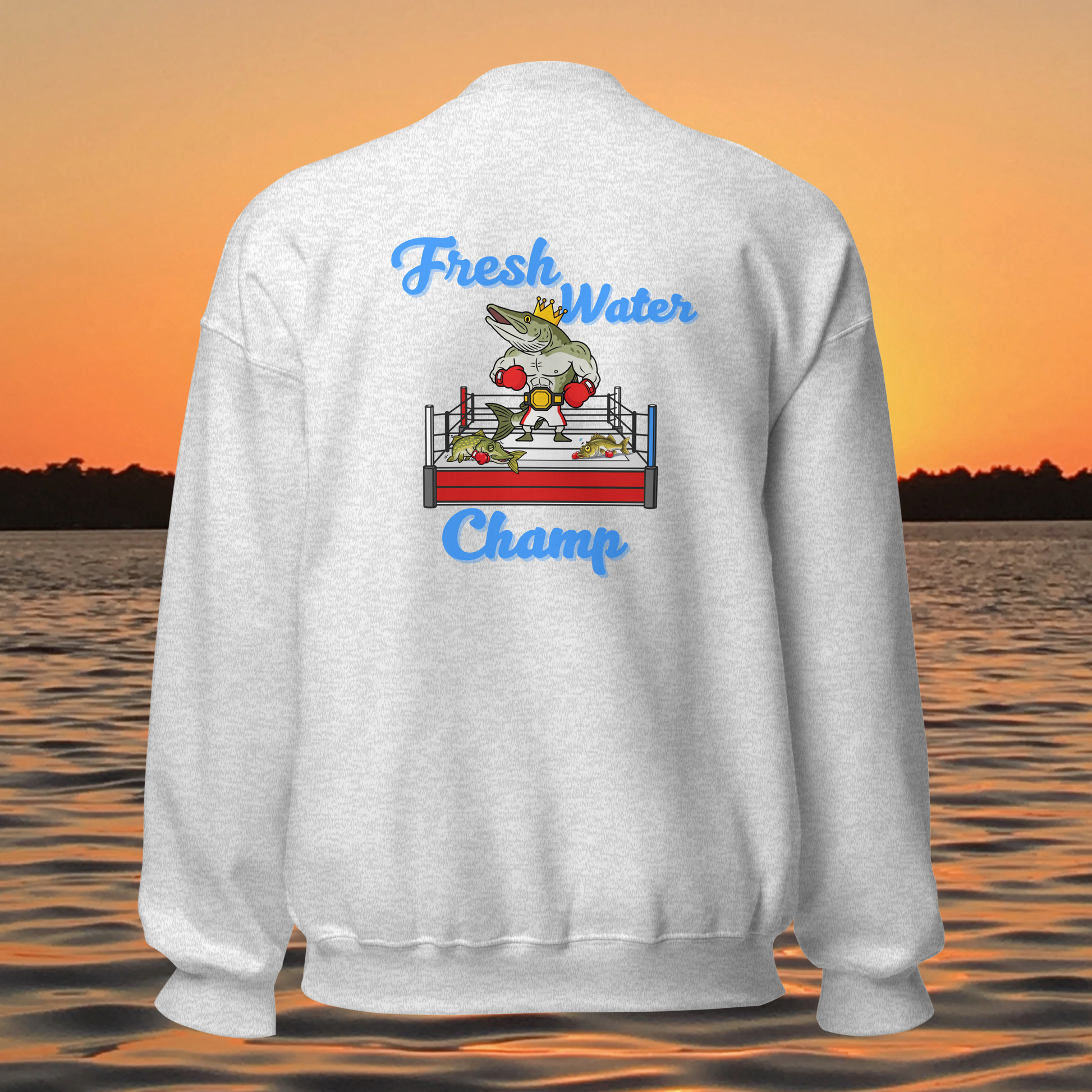 musky fishing crewneck sweatshirt with cartoon muskie boxer design
