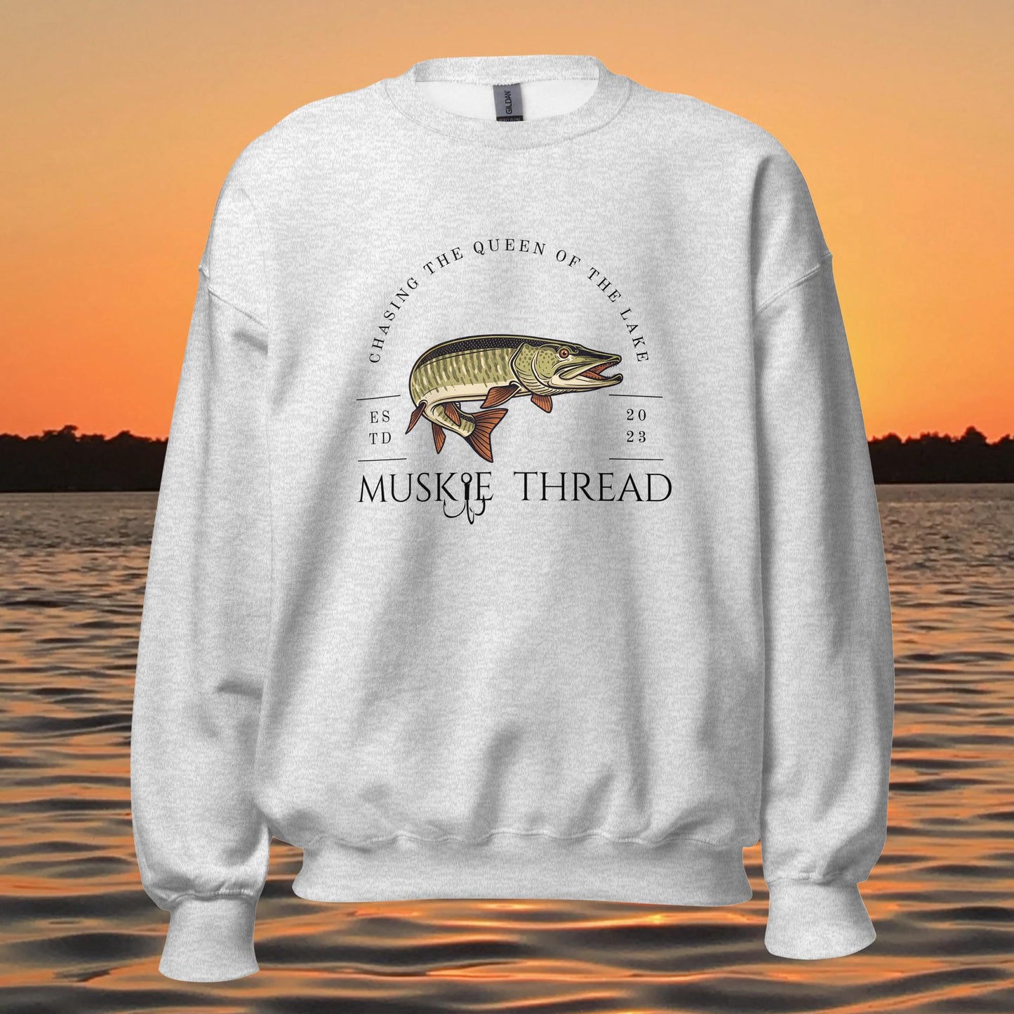 musky fishing crewneck sweatshirt with muskie illustration and text design

