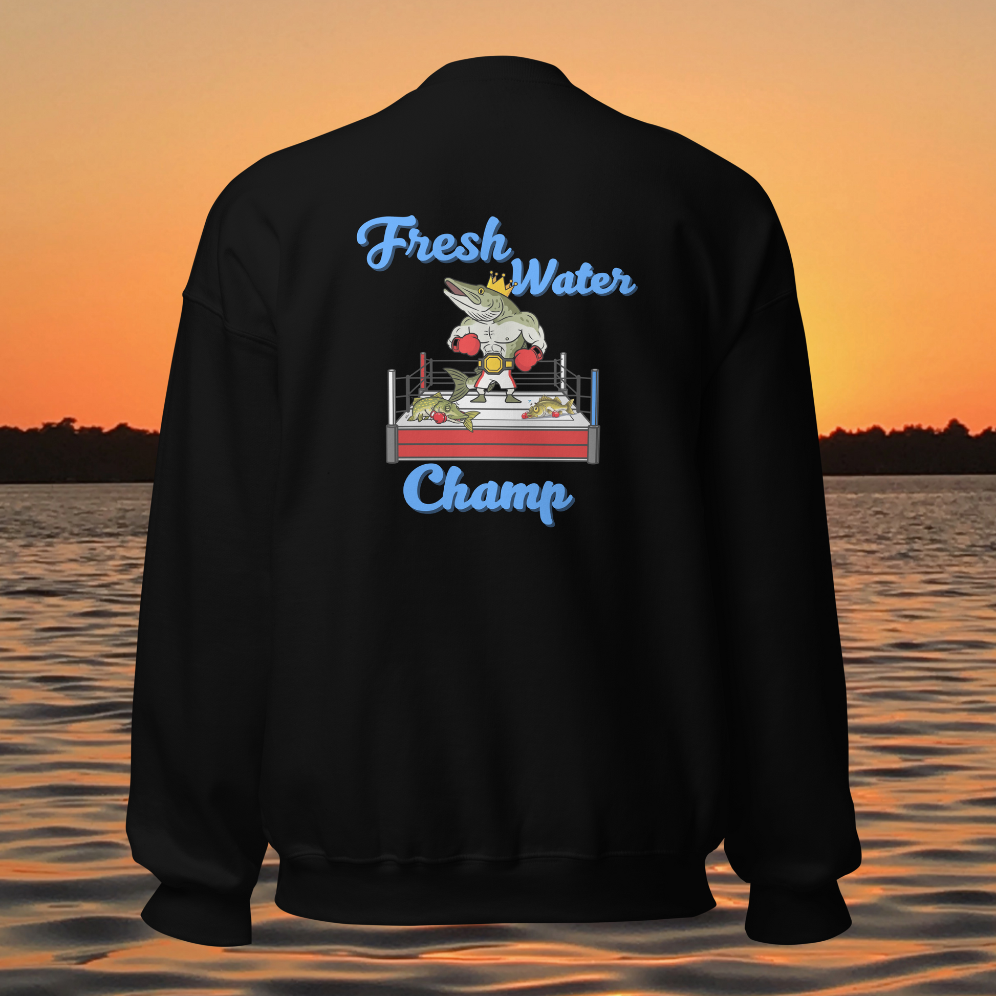 musky fishing crewneck sweatshirt with cartoon muskie boxer design
