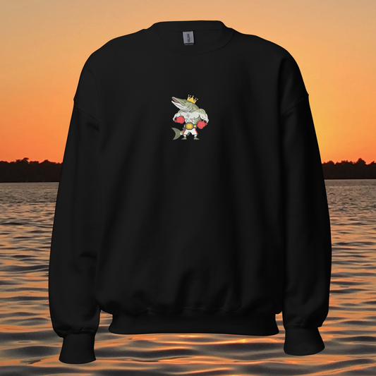 musky fishing crewneck sweatshirt with cartoon muskie boxer design
