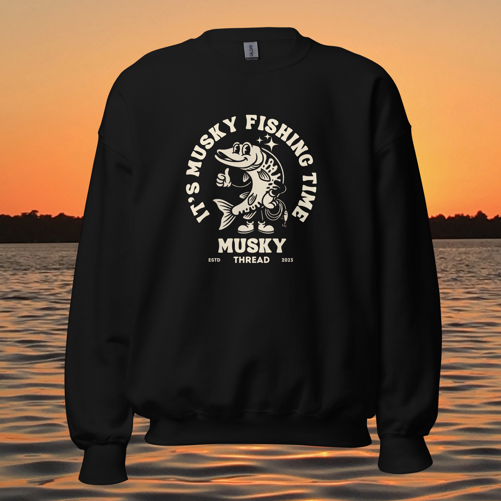 womens musky fishing time crewneck sweatshirt with vintage muskie graphic