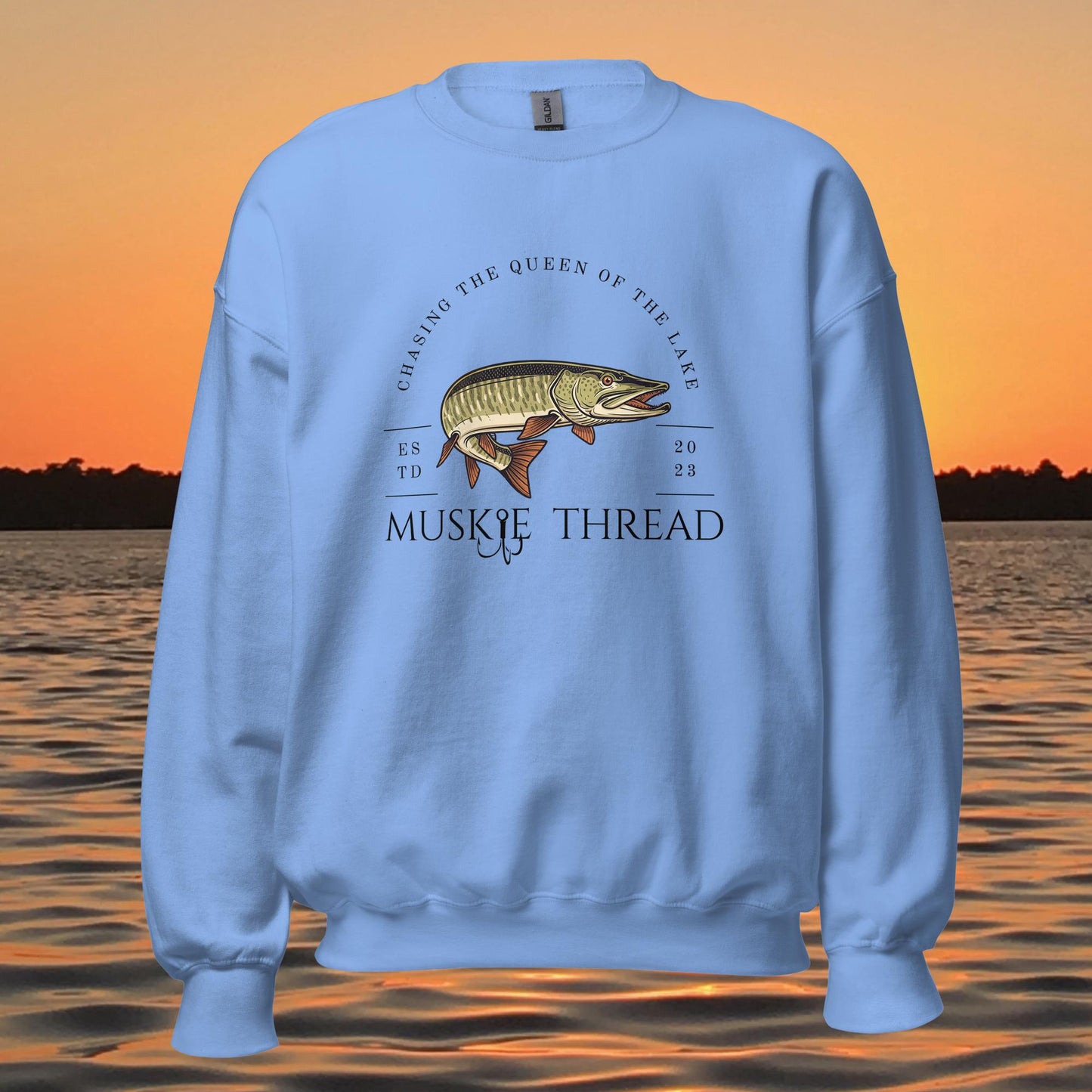 musky fishing crewneck sweatshirt with muskie illustration and text design
