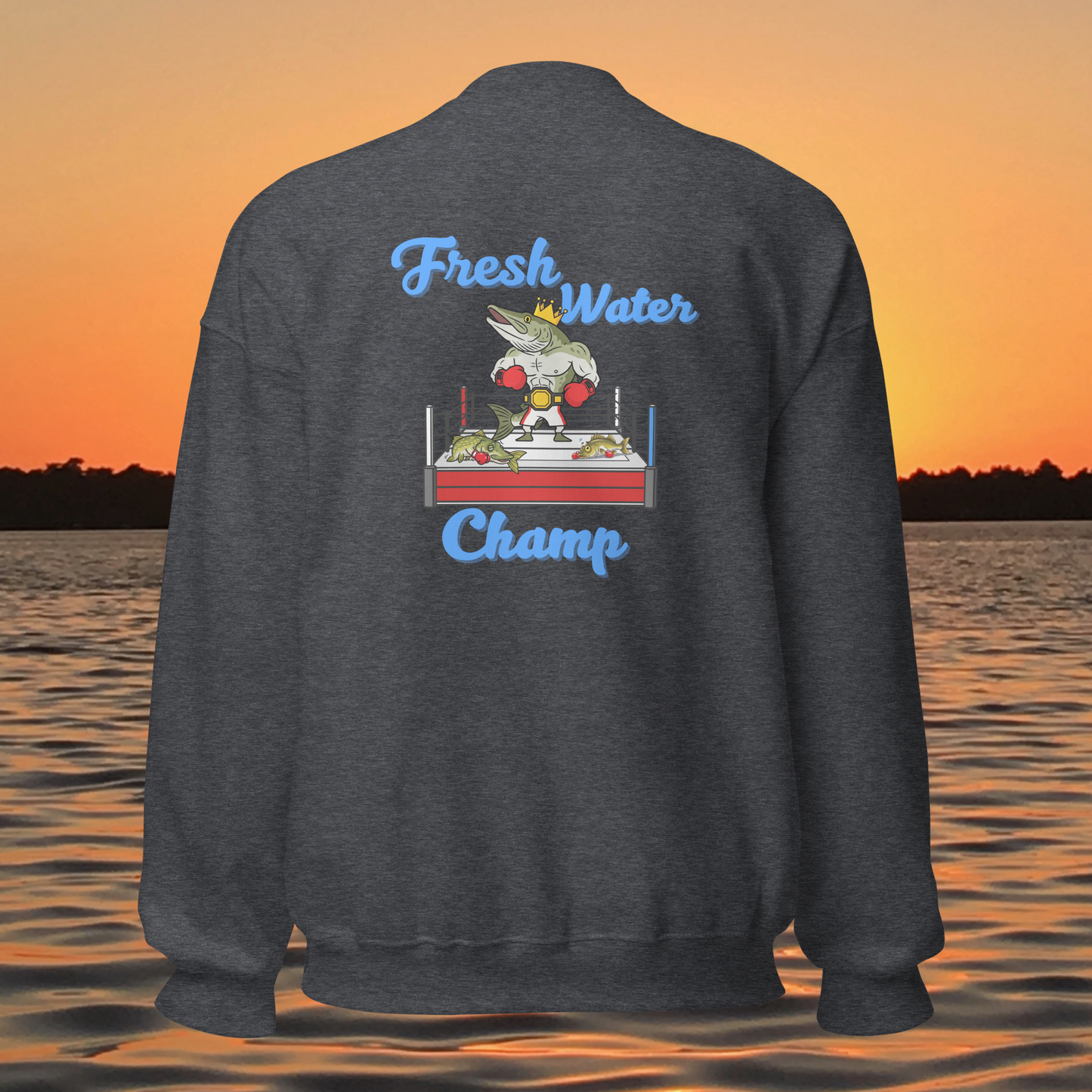 musky fishing crewneck sweatshirt with cartoon muskie boxer design
