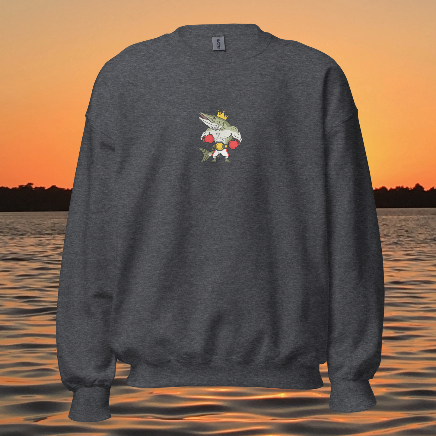 musky fishing crewneck sweatshirt with cartoon muskie boxer design
