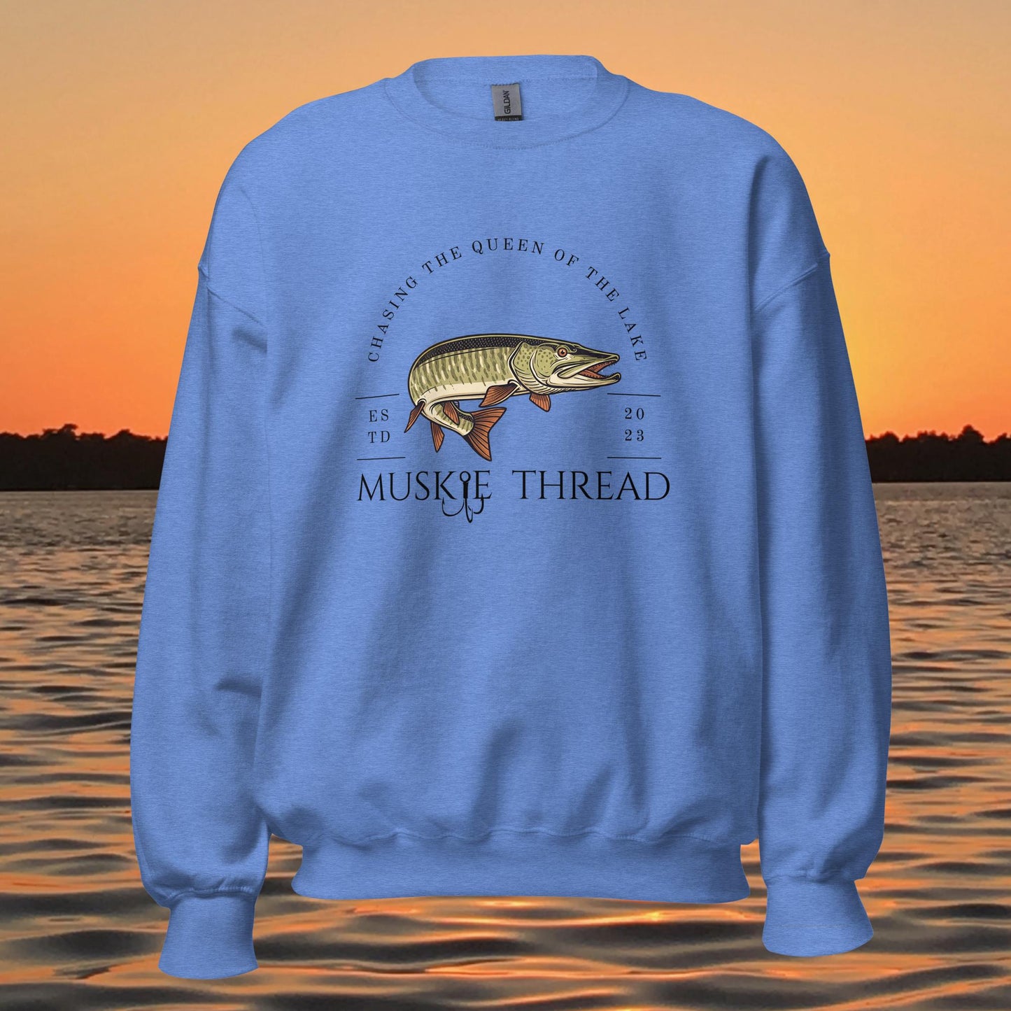 musky fishing crewneck sweatshirt with muskie illustration and text design

