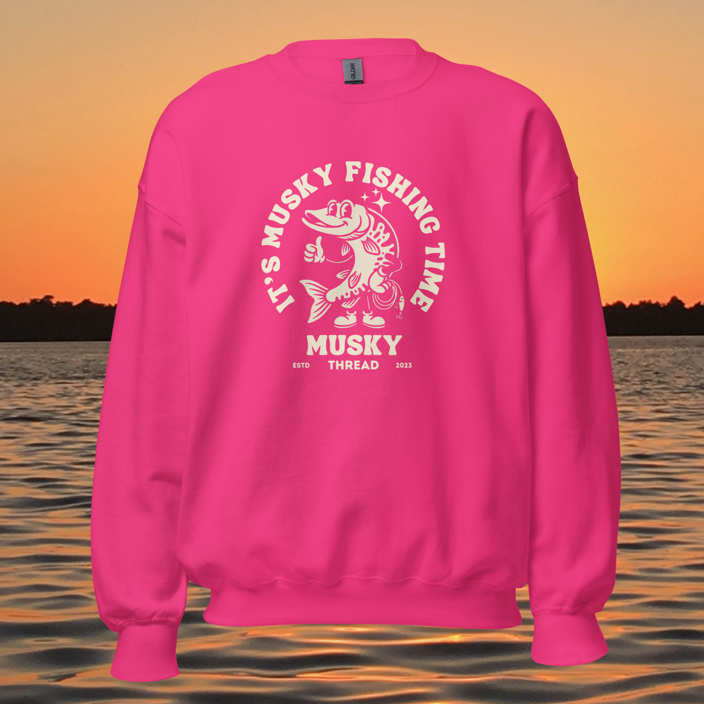 womens musky fishing time crewneck sweatshirt with vintage muskie graphic