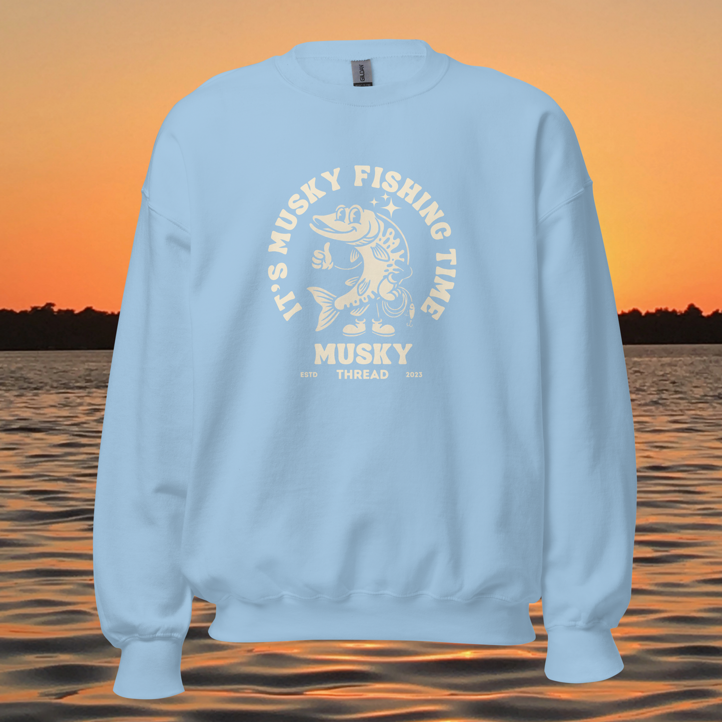 womens musky fishing time crewneck sweatshirt with vintage muskie graphic mockup