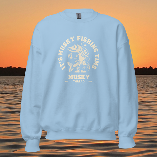 womens musky fishing time crewneck sweatshirt with vintage muskie graphic mockup