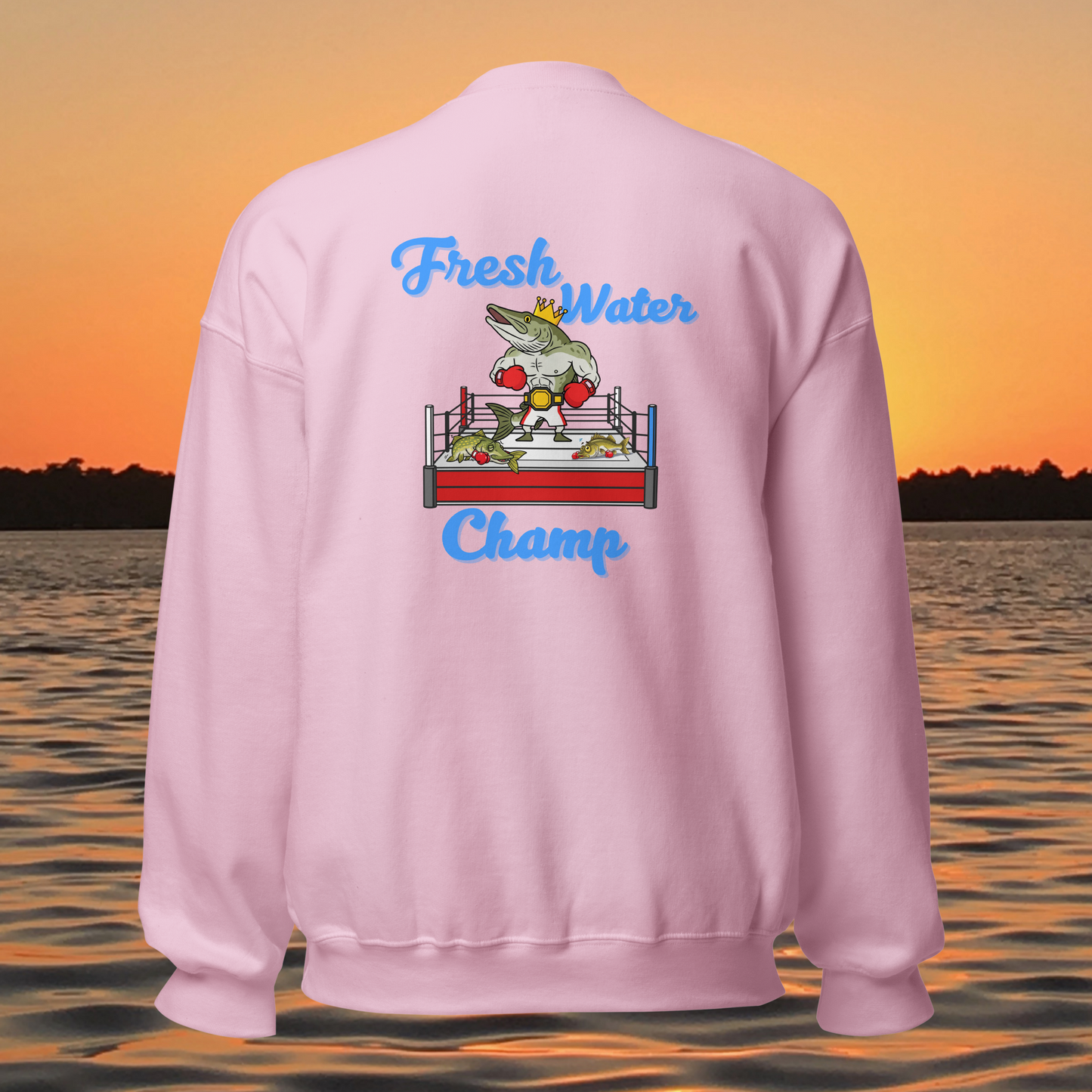musky fishing crewneck sweatshirt with cartoon muskie boxer design
