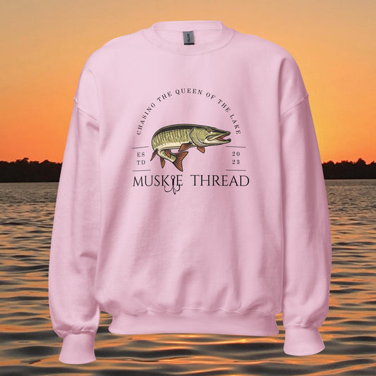 musky fishing crewneck sweatshirt with muskie illustration and text design
