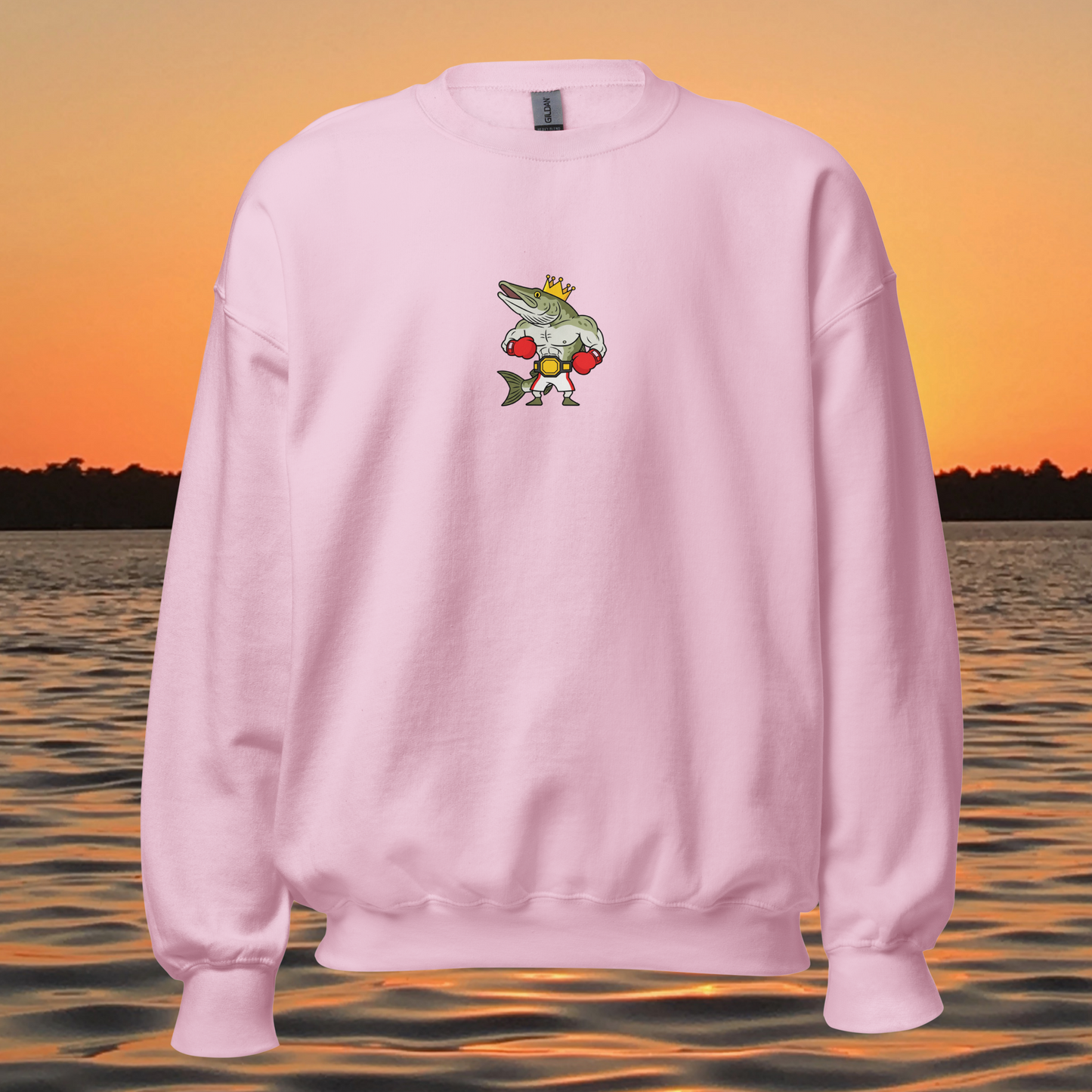 musky fishing crewneck sweatshirt with cartoon muskie boxer design
