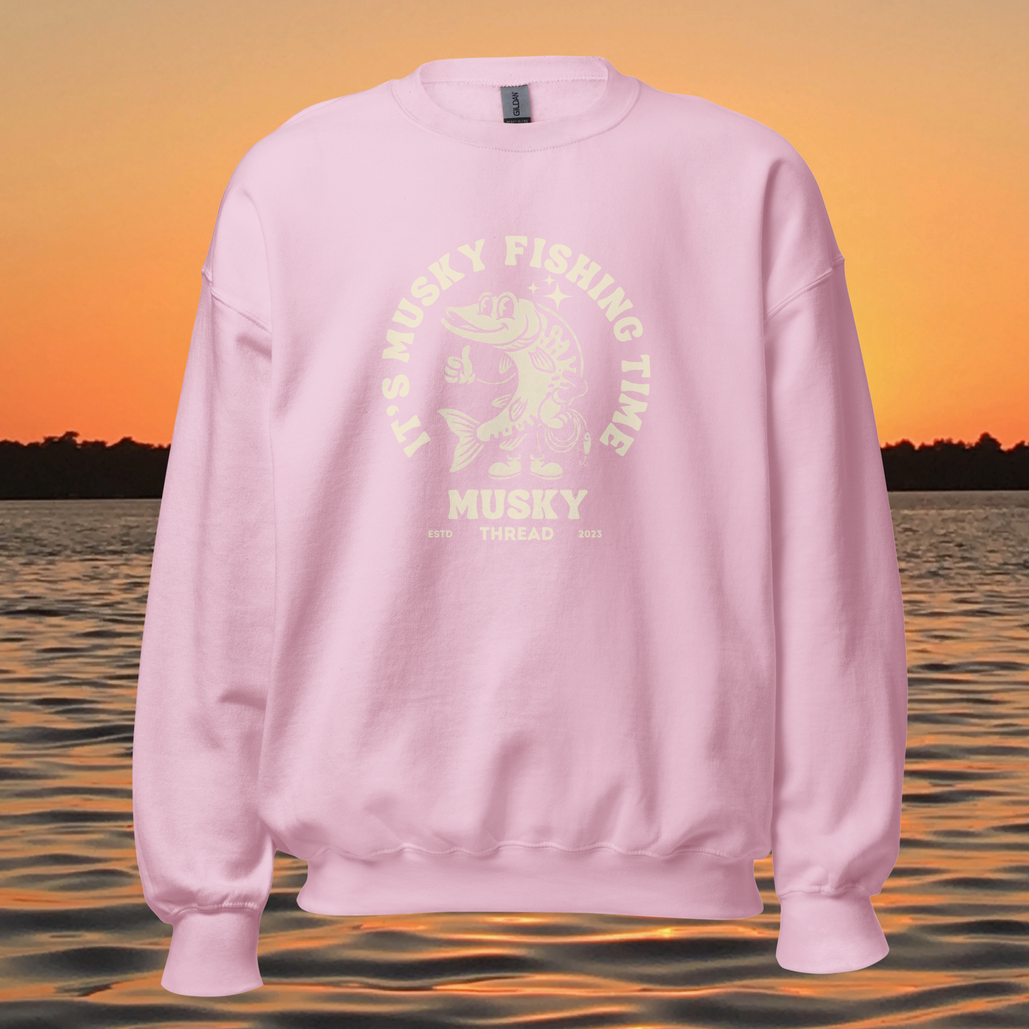 womens musky fishing time crewneck sweatshirt with vintage muskie graphic