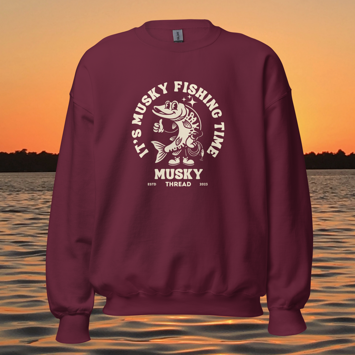 womens musky fishing time crewneck sweatshirt with vintage muskie graphic