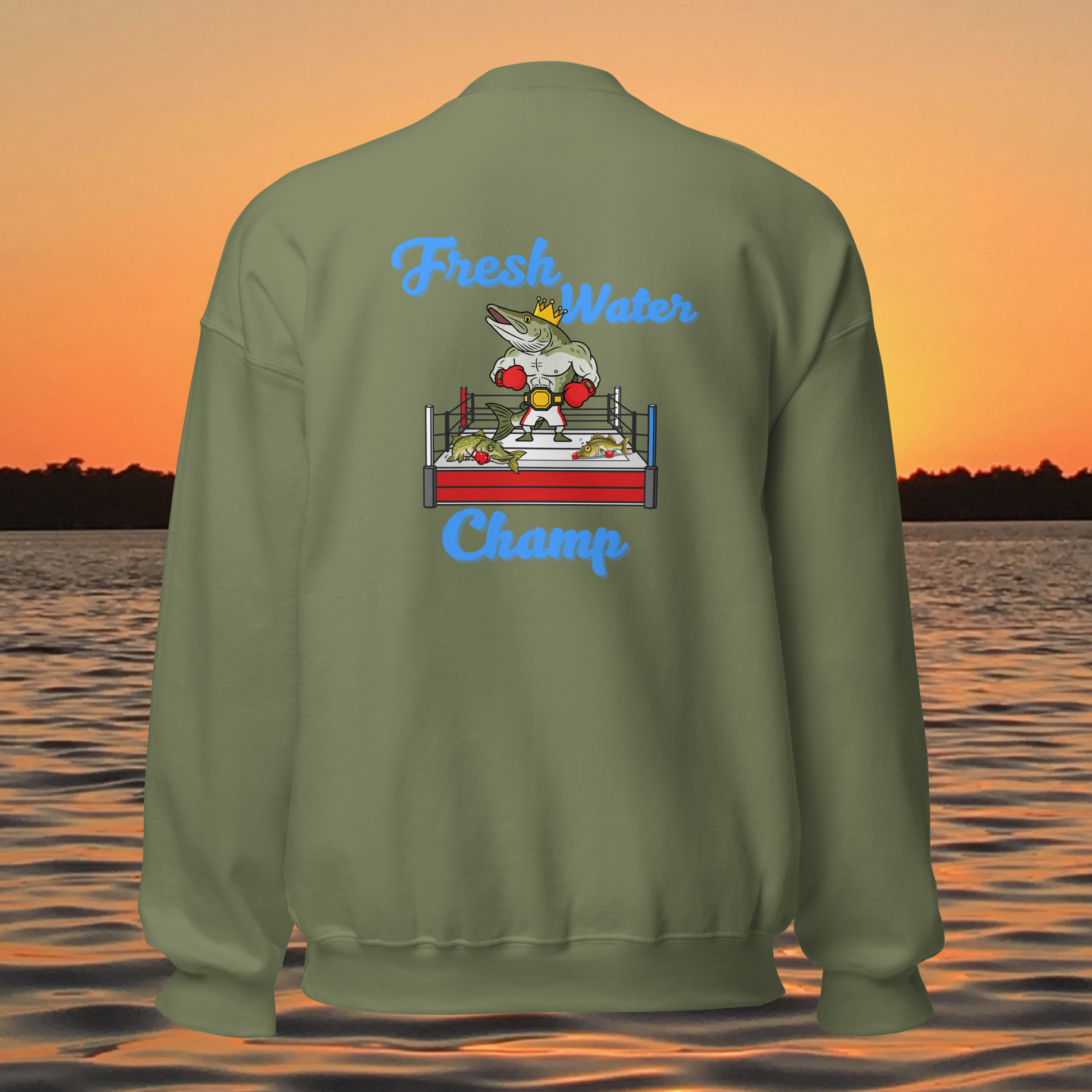 musky fishing crewneck sweatshirt with cartoon muskie boxer design
