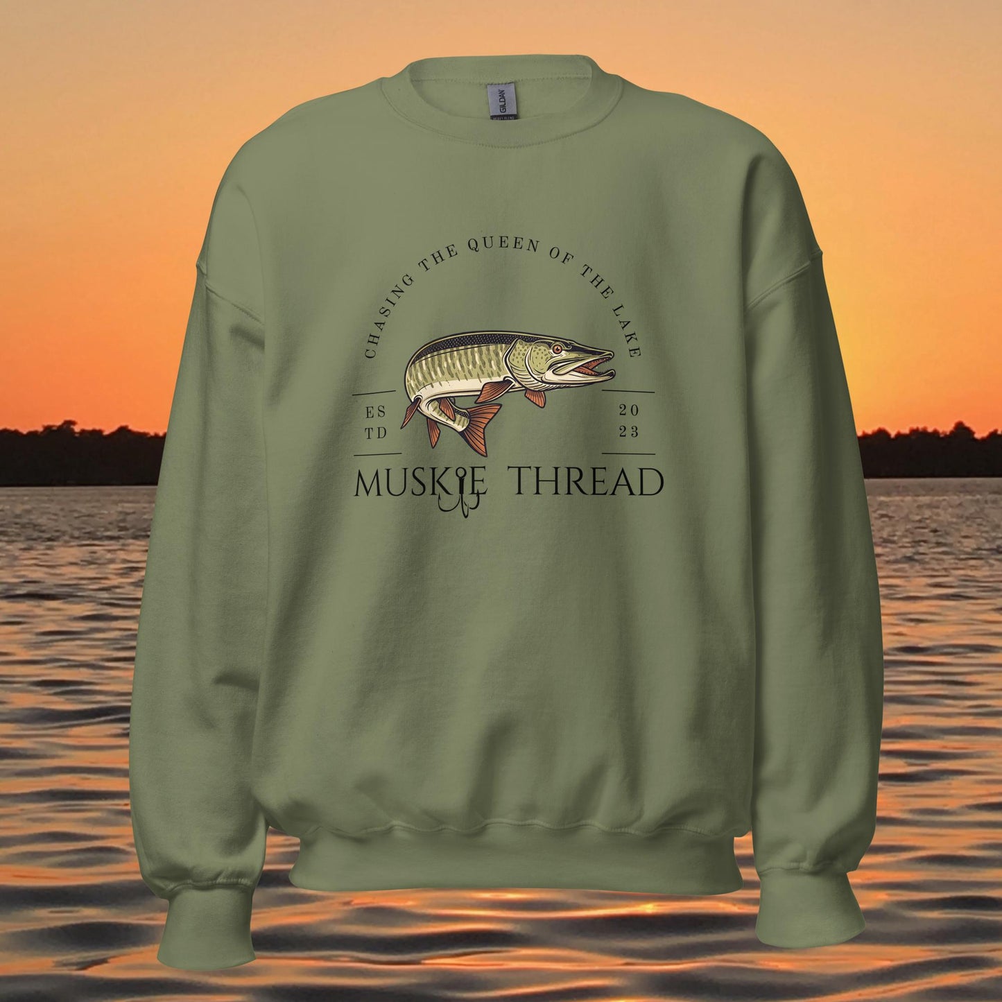 musky fishing crewneck sweatshirt with muskie illustration and text design
