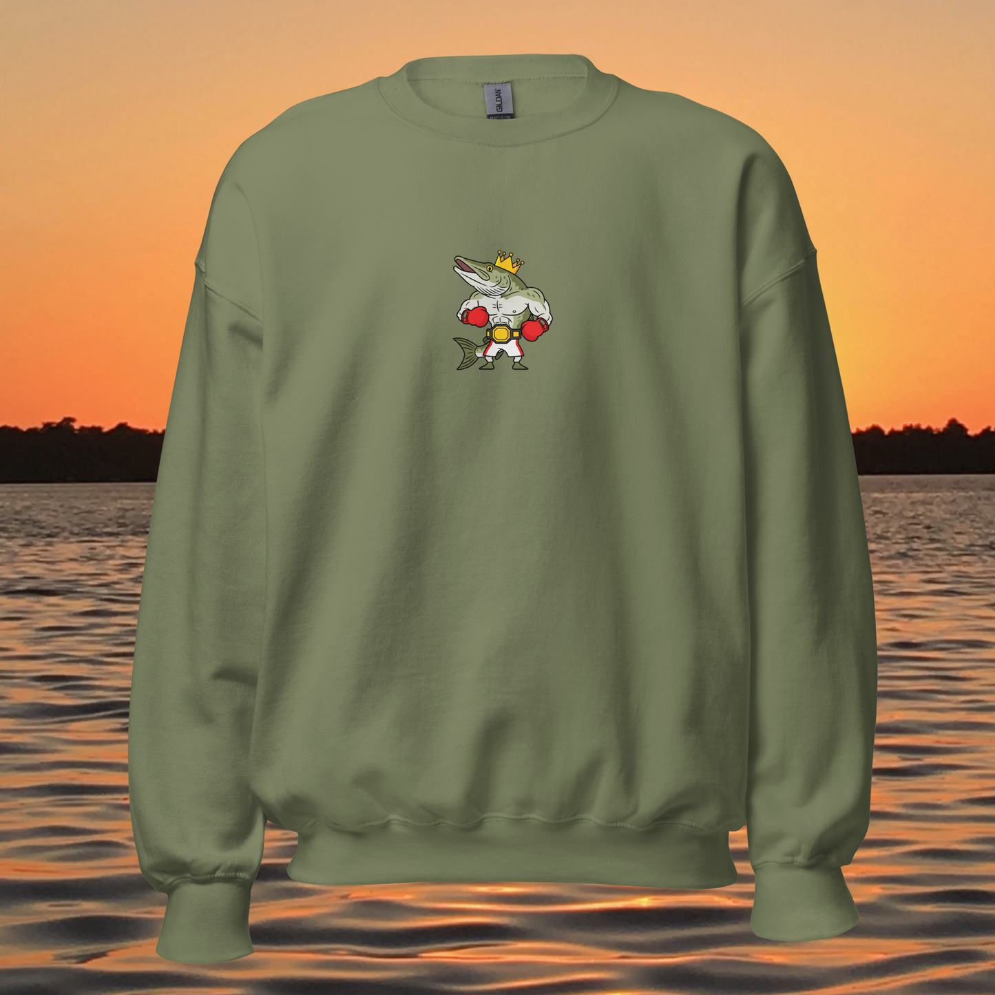 musky fishing crewneck sweatshirt with cartoon muskie boxer design
