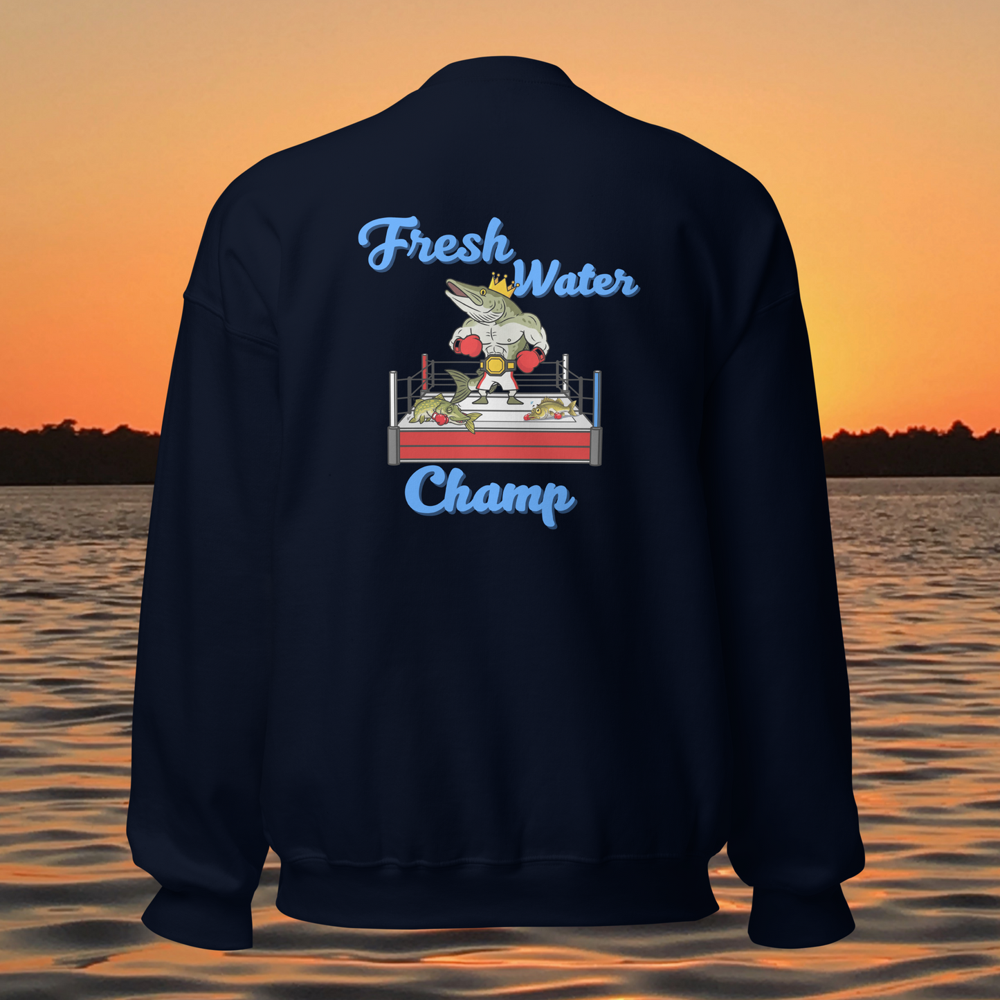 musky fishing crewneck sweatshirt with cartoon muskie boxer design
