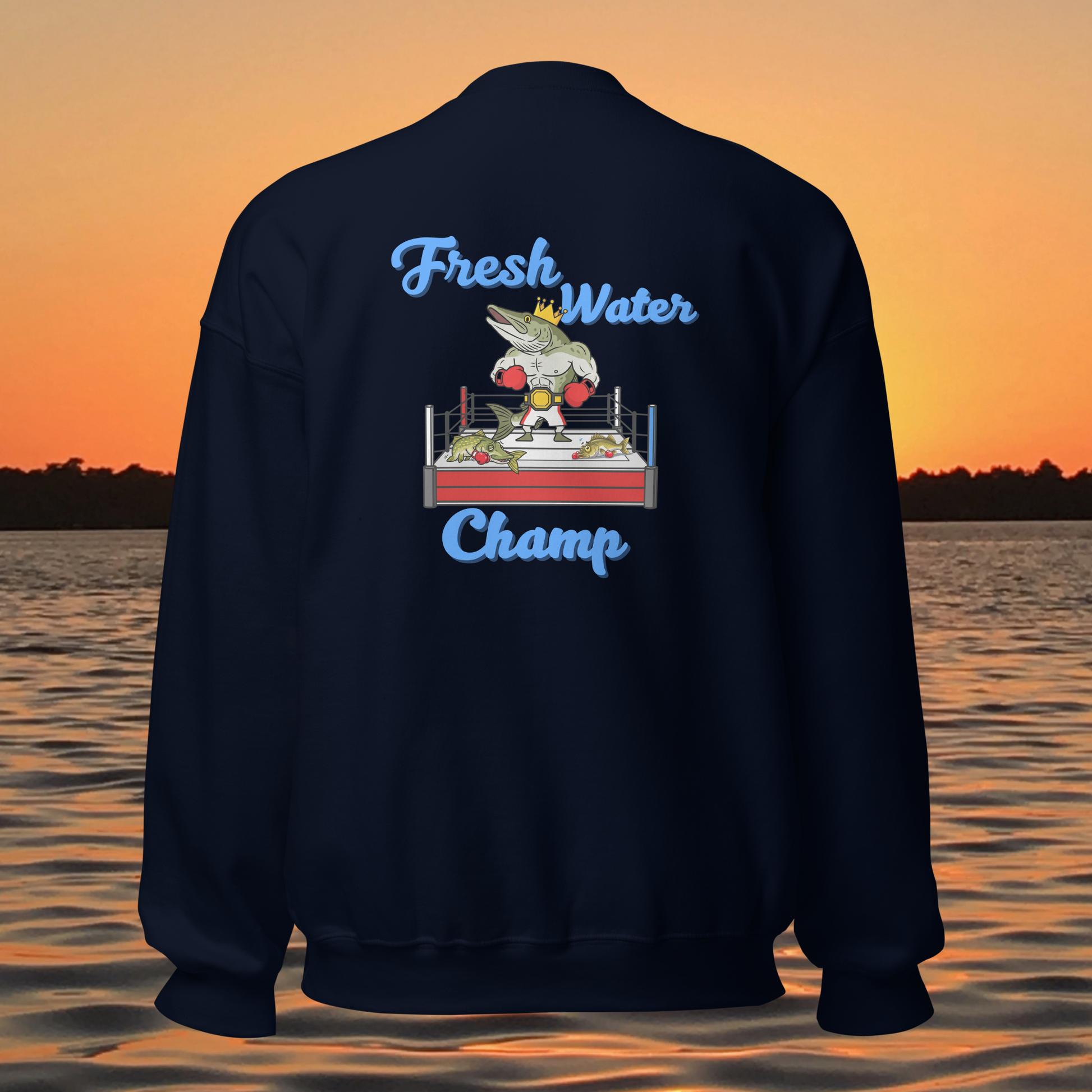musky fishing crewneck sweatshirt with cartoon muskie boxer design
