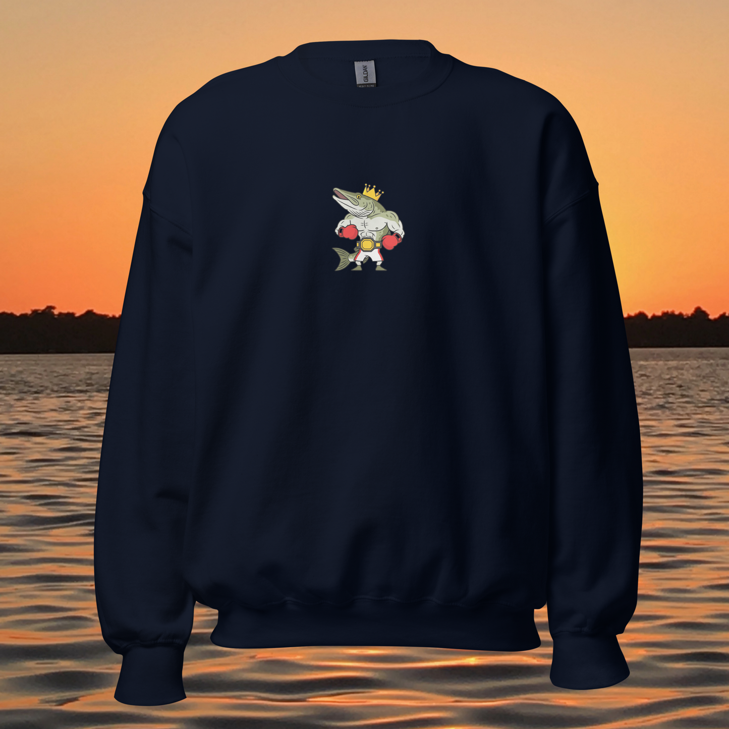 musky fishing crewneck sweatshirt with cartoon muskie boxer design
