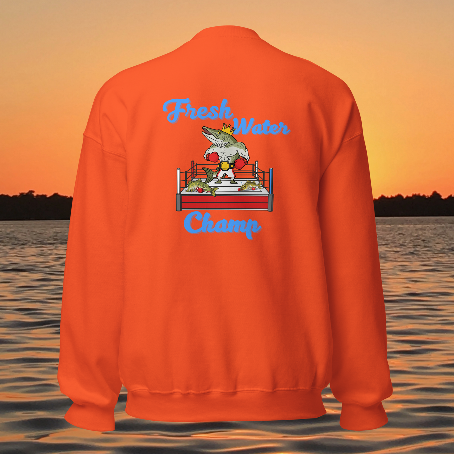 musky fishing crewneck sweatshirt with cartoon muskie boxer design
