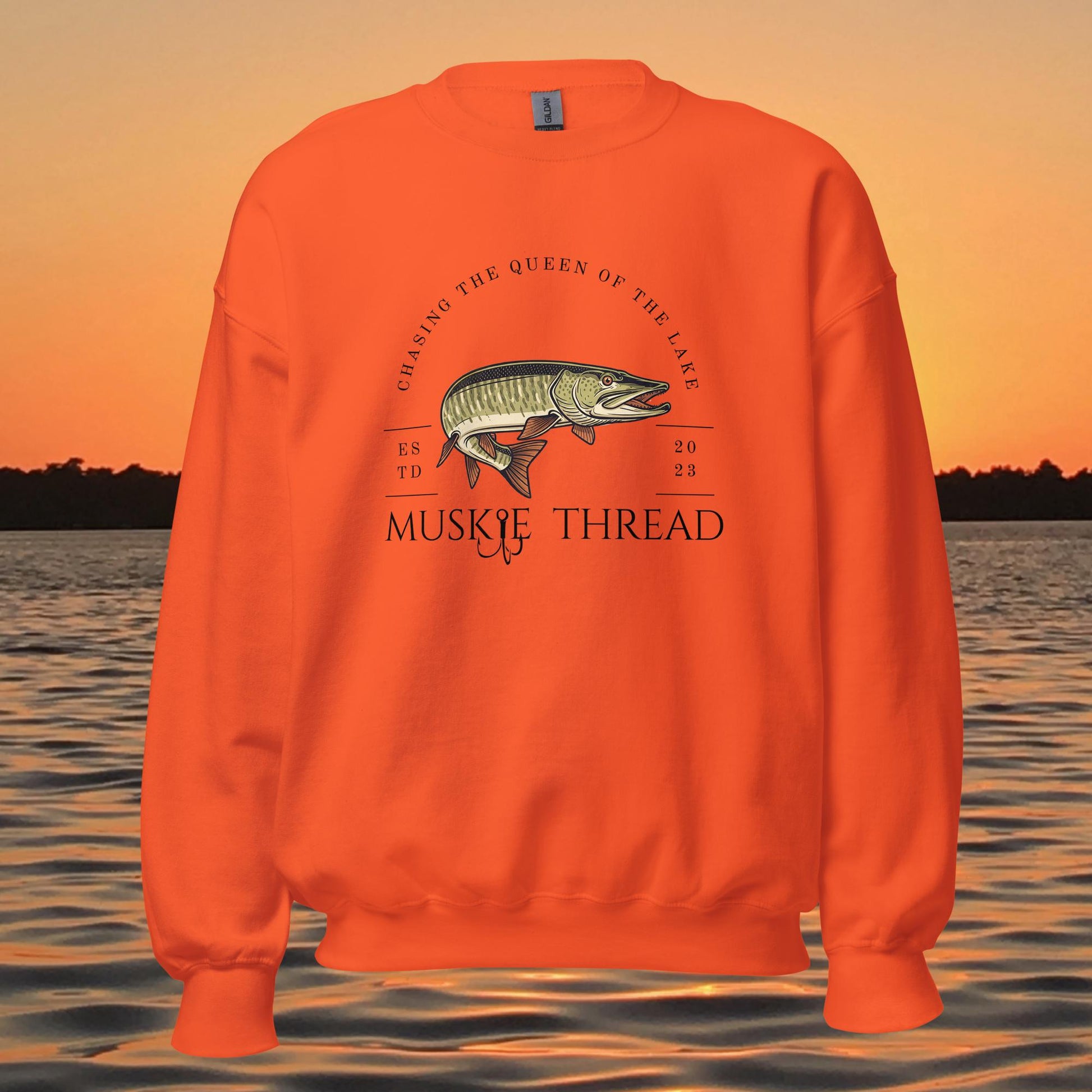 musky fishing crewneck sweatshirt with muskie illustration and text design
