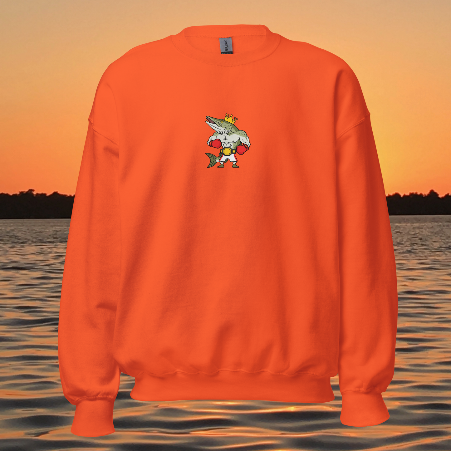 musky fishing crewneck sweatshirt with cartoon muskie boxer design
