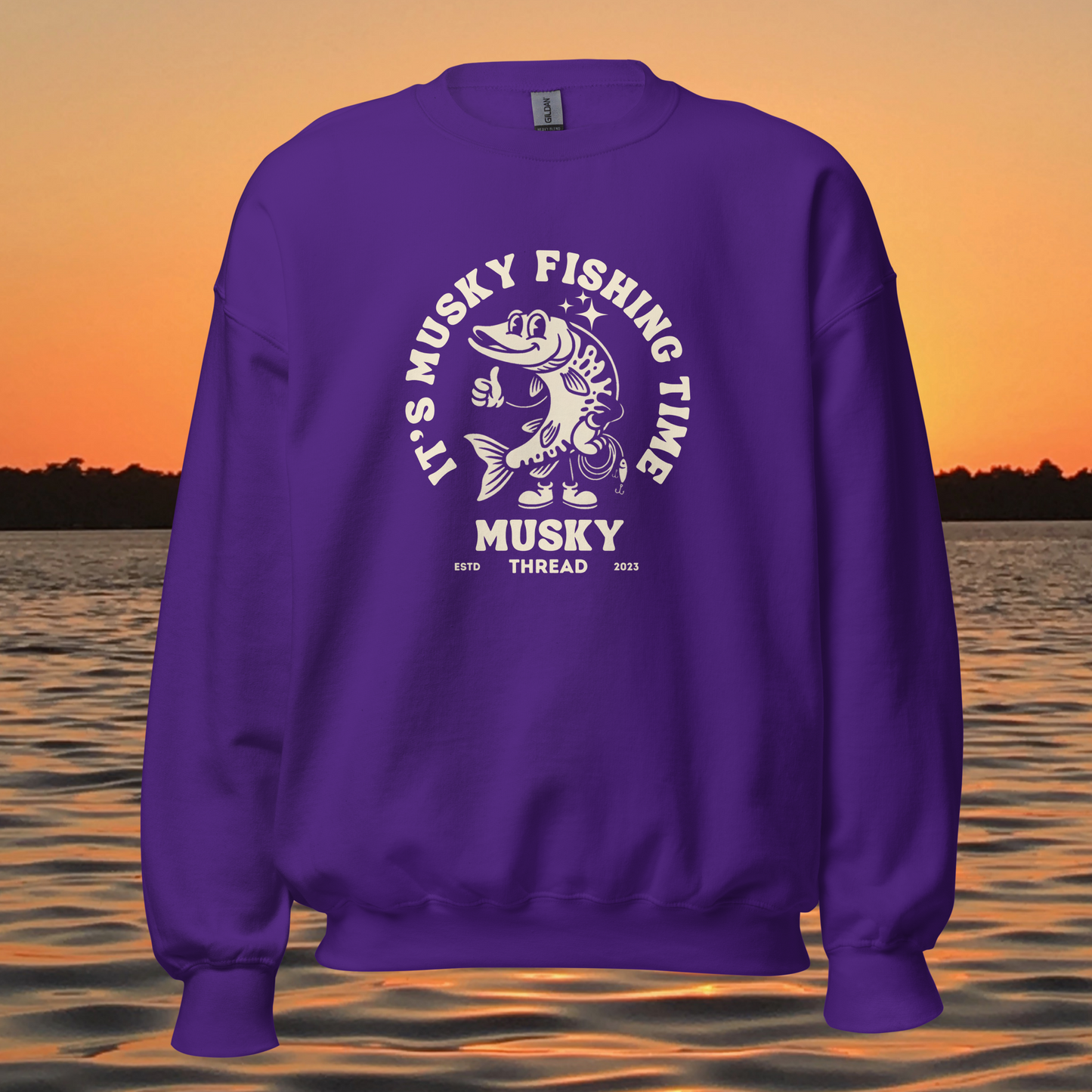 womens musky fishing time crewneck sweatshirt with vintage muskie graphic