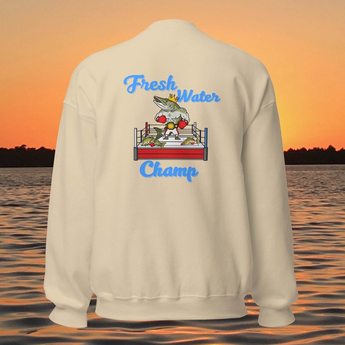 musky fishing crewneck sweatshirt with cartoon muskie boxer design
