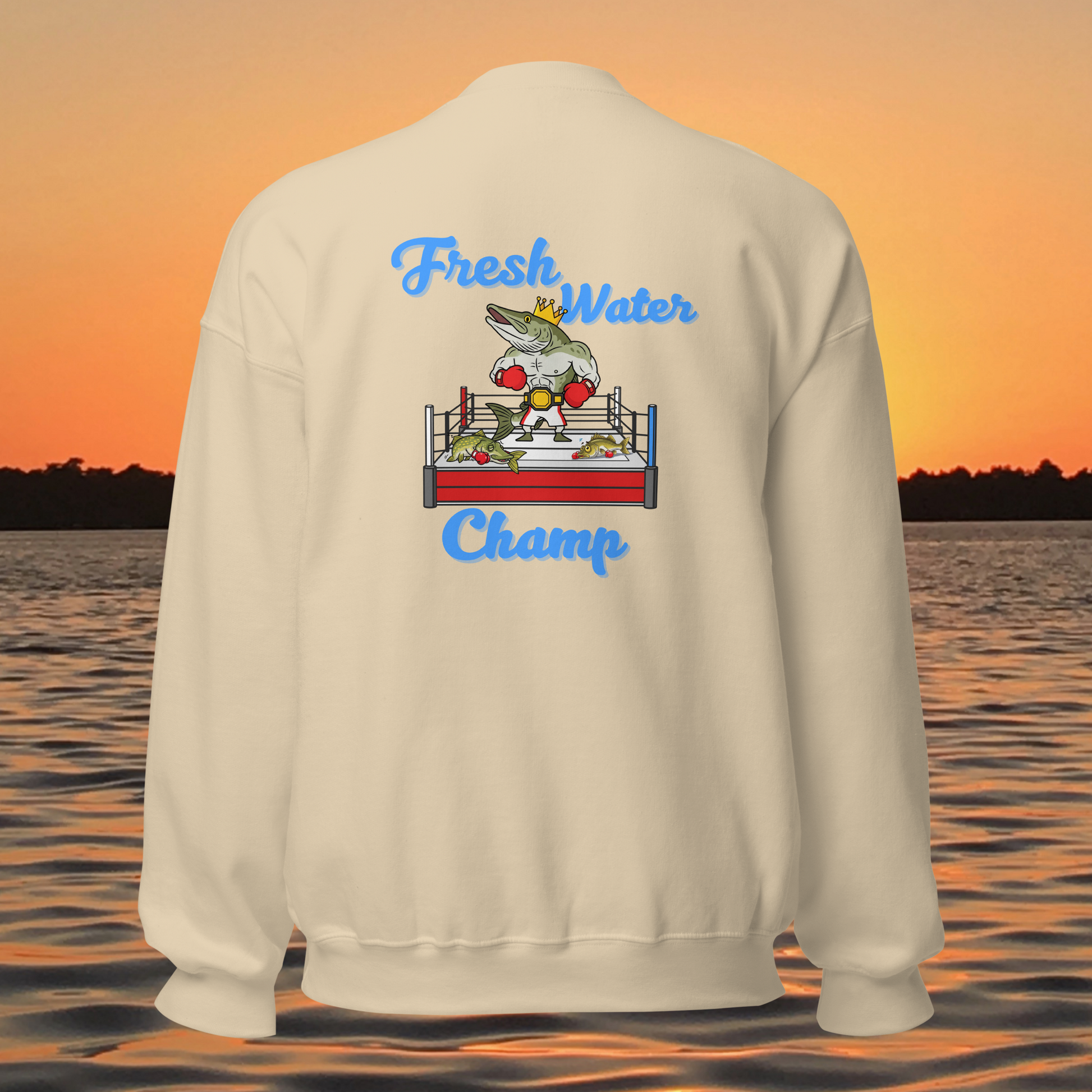 musky fishing crewneck sweatshirt with cartoon muskie boxer design
