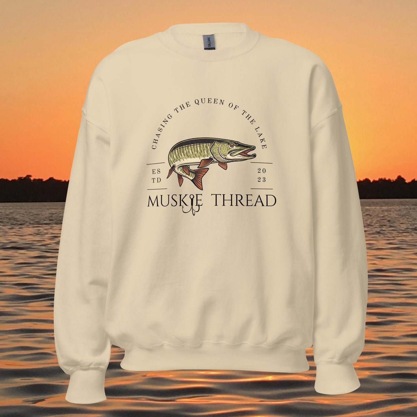 musky fishing crewneck sweatshirt with muskie illustration and text design
