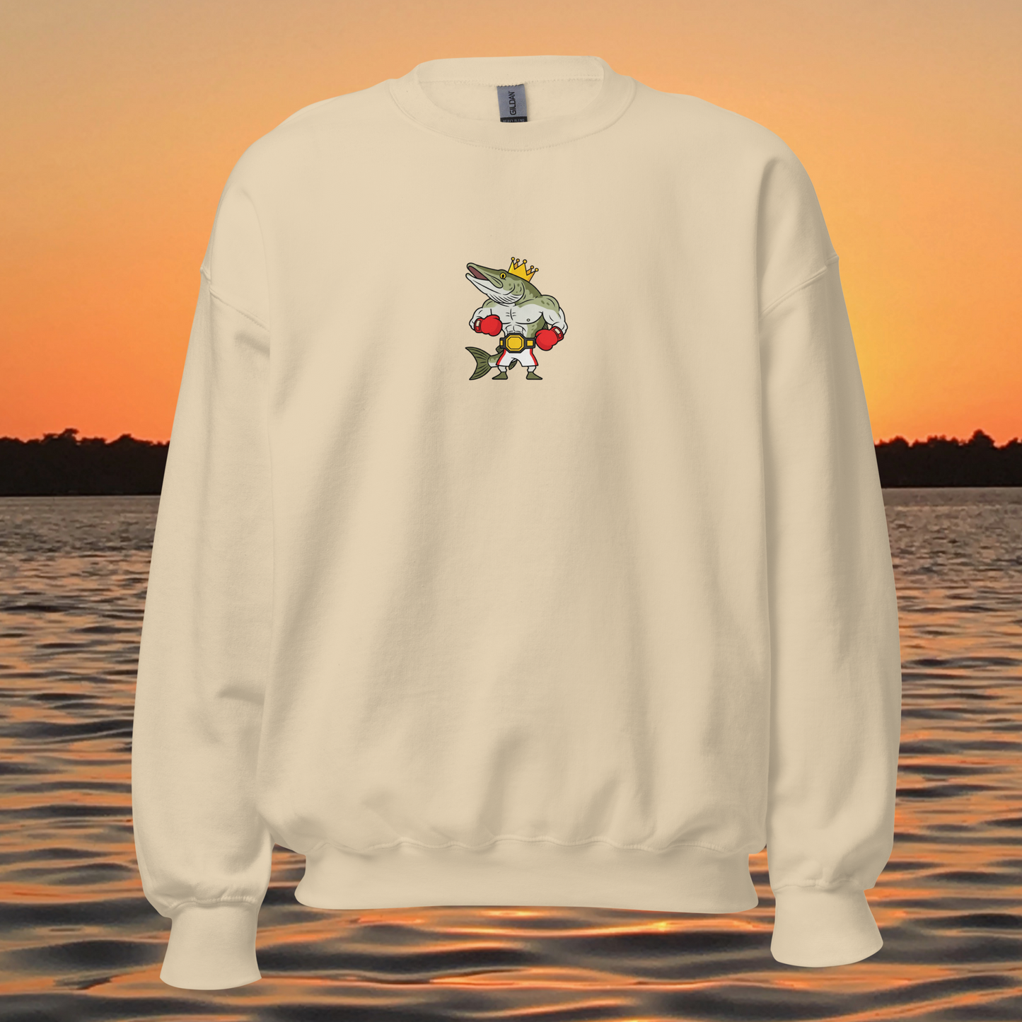 musky fishing crewneck sweatshirt with cartoon muskie boxer design
