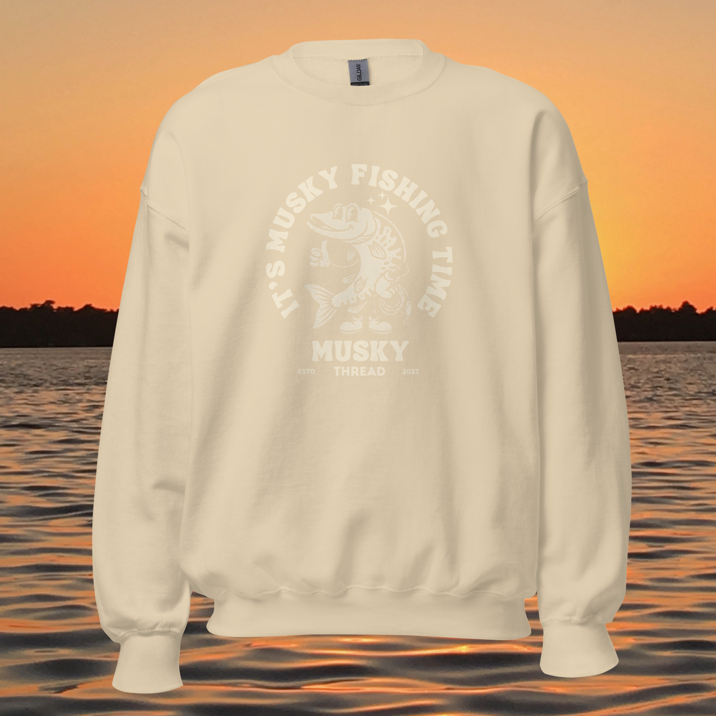 womens musky fishing time crewneck sweatshirt with vintage muskie graphic