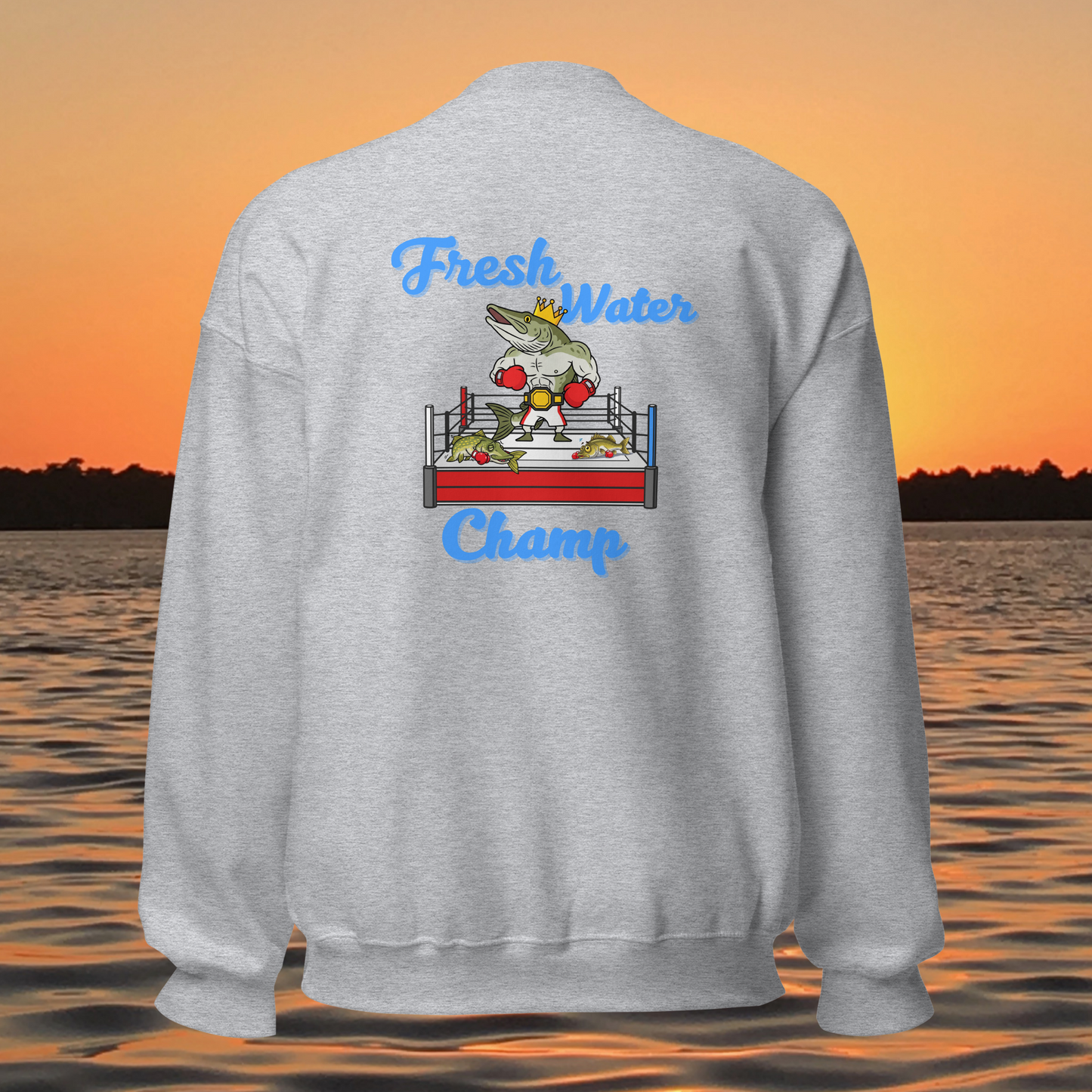 musky fishing crewneck sweatshirt with cartoon muskie boxer design
