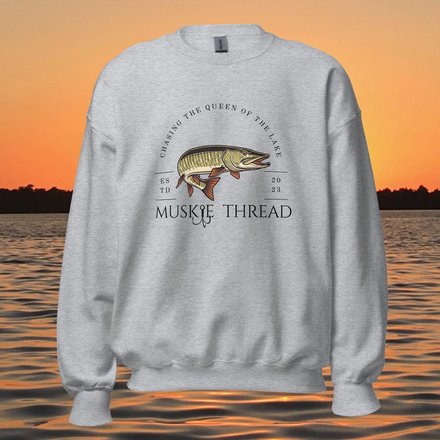 musky fishing crewneck sweatshirt with muskie illustration and text design

