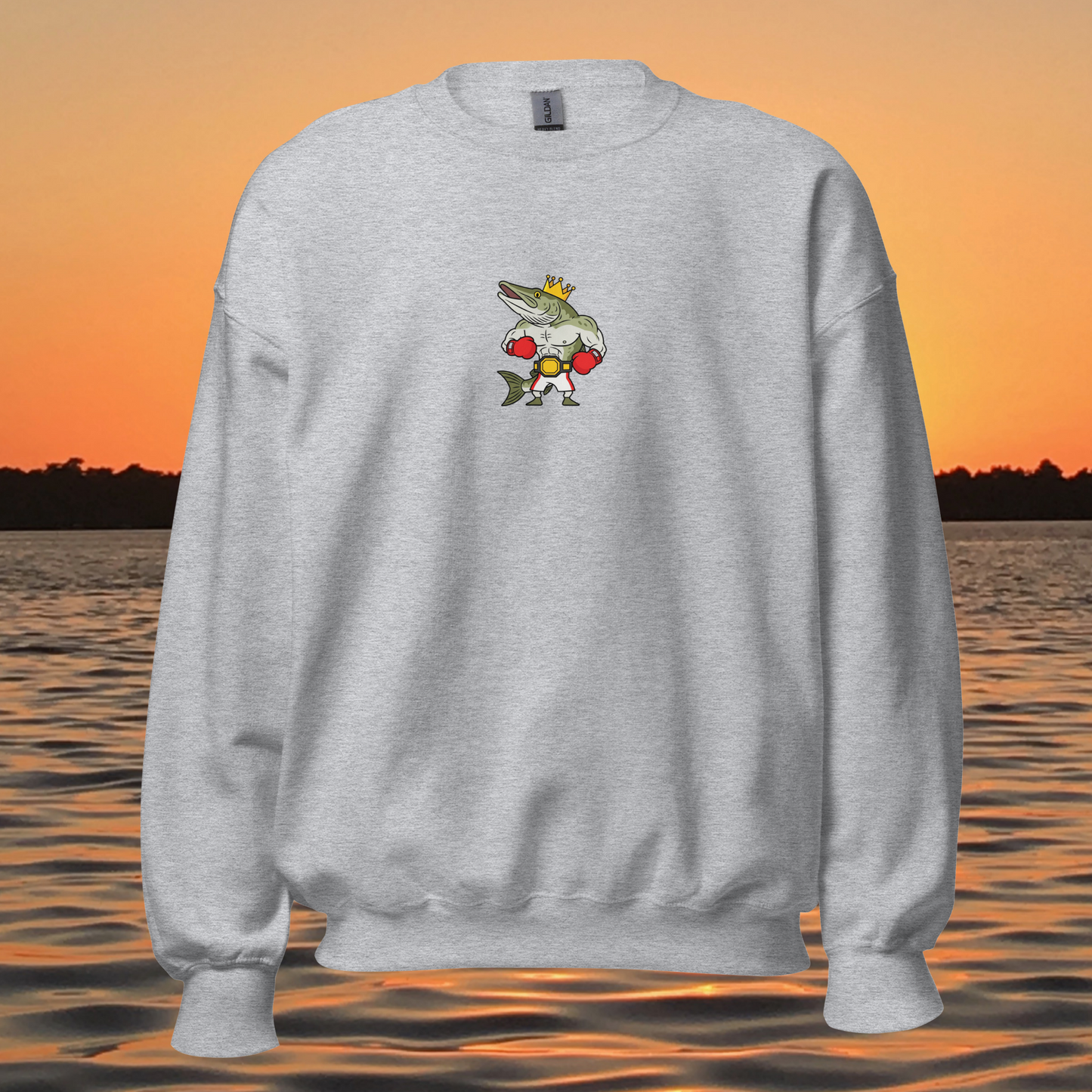 musky fishing crewneck sweatshirt with cartoon muskie boxer design
