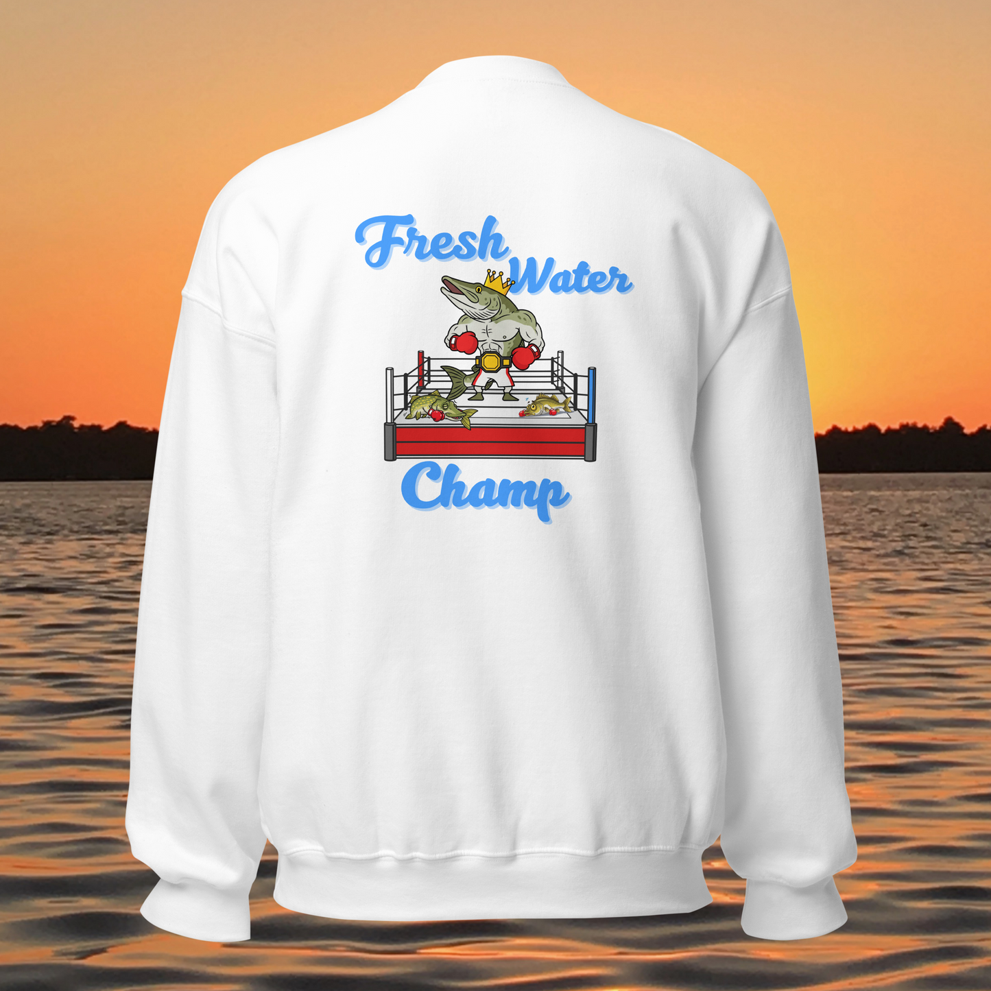 musky fishing crewneck sweatshirt with cartoon muskie boxer design
