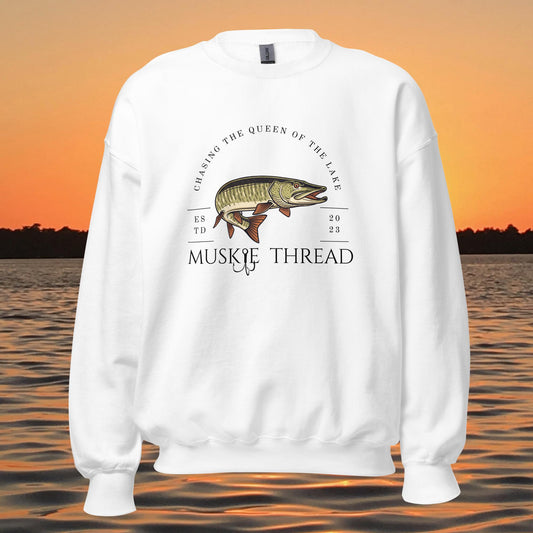 musky fishing crewneck sweatshirt with muskie illustration and text design
 mockup