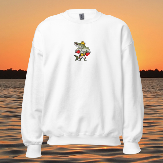 musky fishing crewneck sweatshirt with cartoon muskie boxer design
