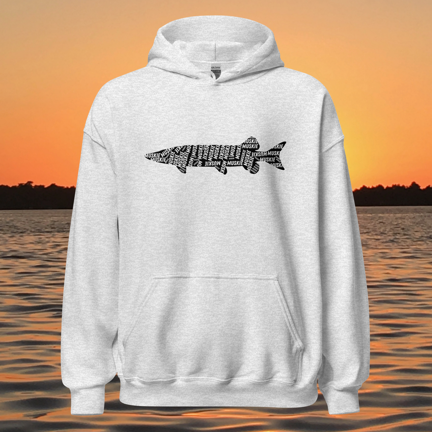 musky fishing hoodie with muskie silhouette text design
