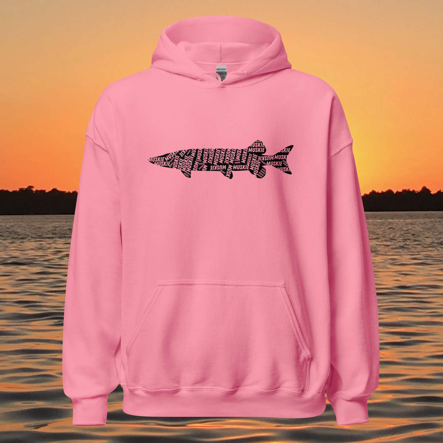 musky fishing hoodie with muskie silhouette text design
