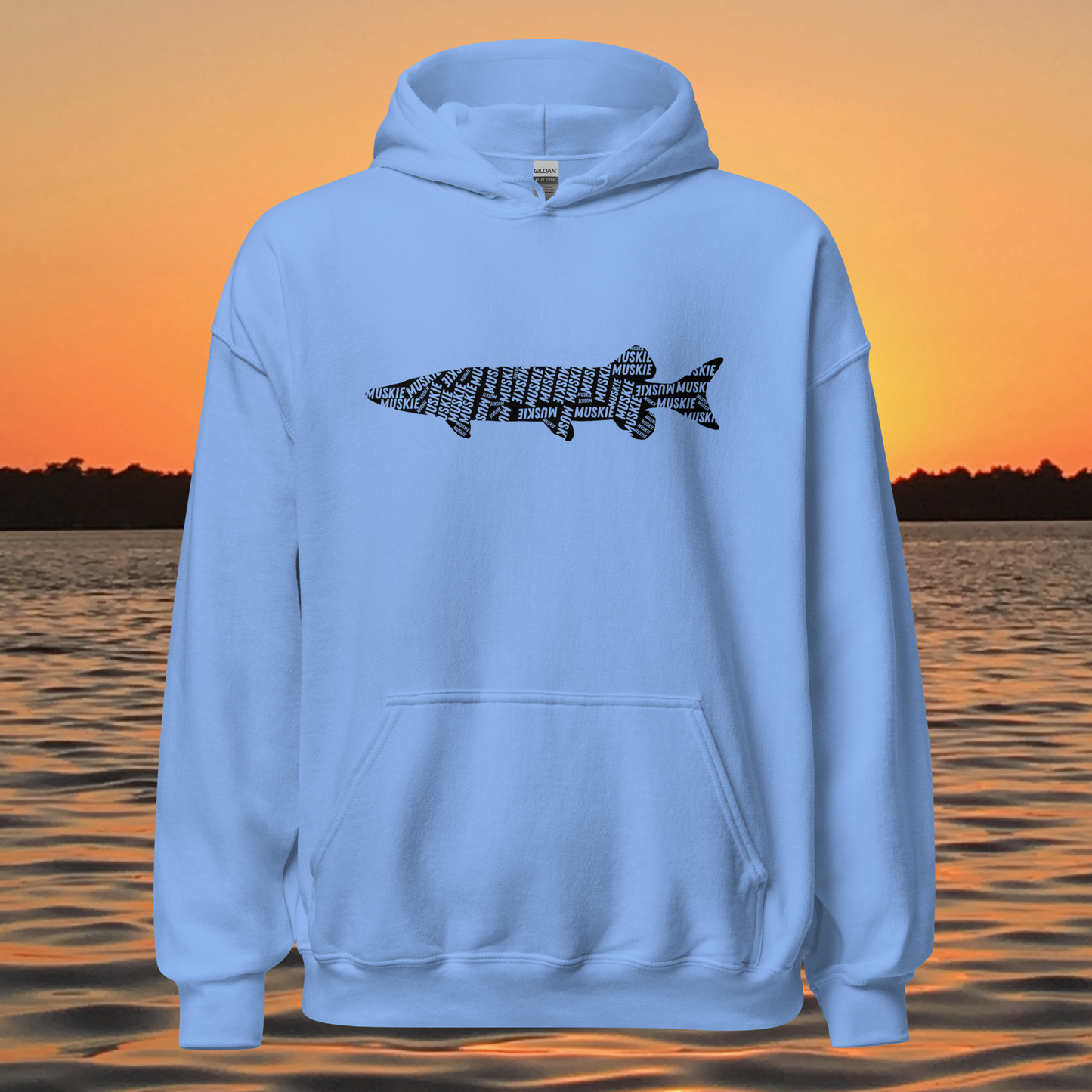 musky fishing hoodie with muskie silhouette text design
