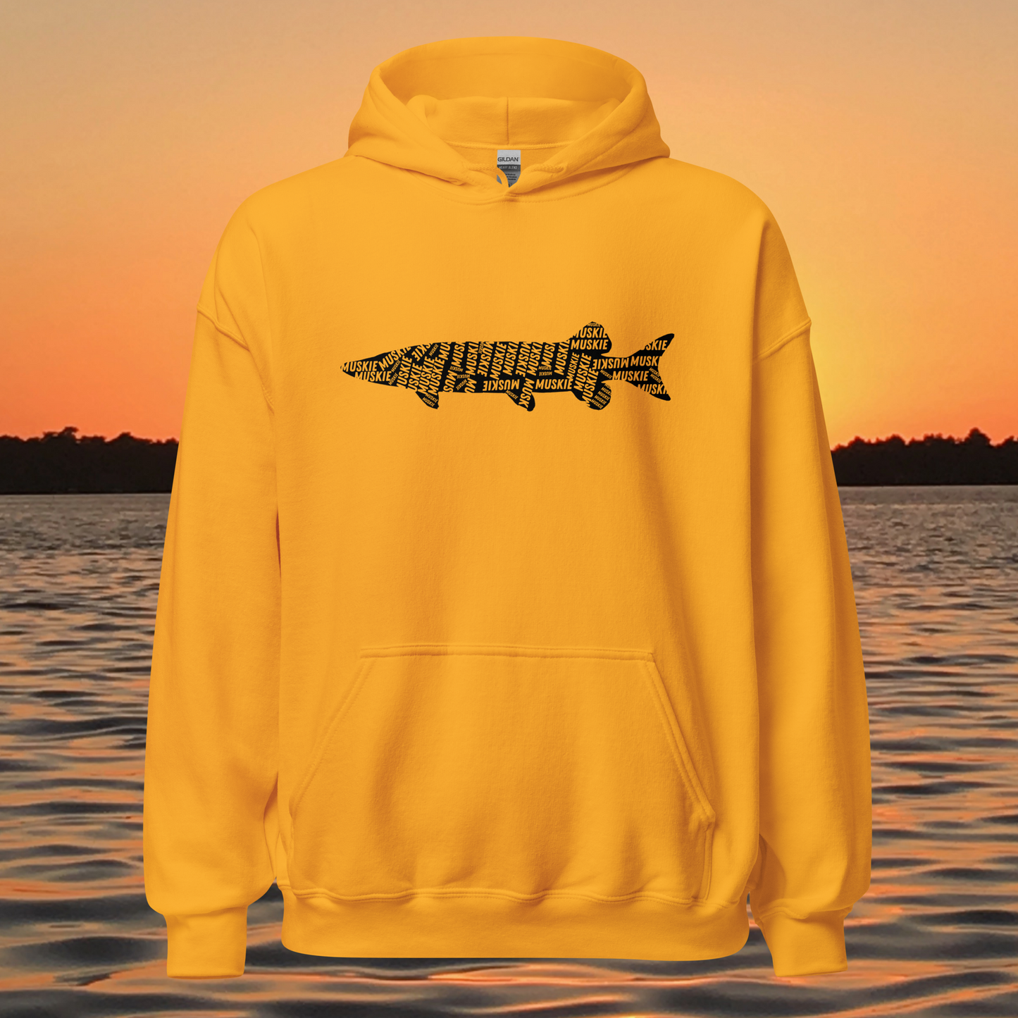 musky fishing hoodie with muskie silhouette text design
